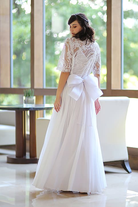 Model wearing Happy Andrada bridal robe