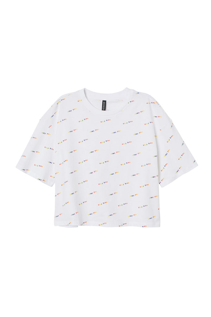 White boxy cropped top wit h statements in rainbow is part of H&M Unveils Love For All Collection