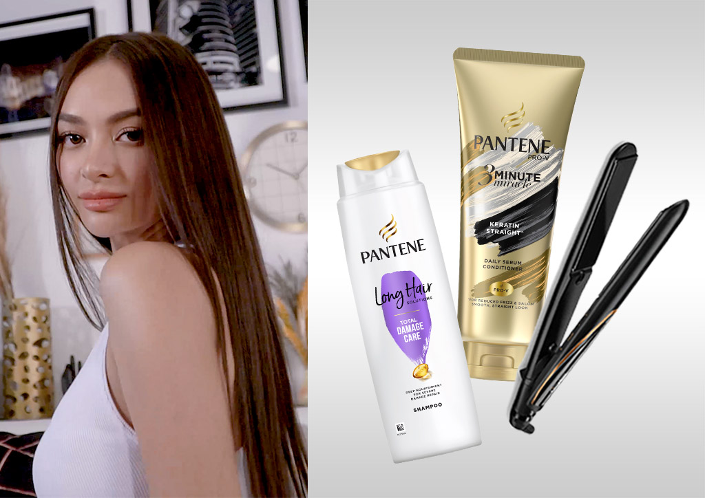 Get a A no-fuss straightened style with Pantene Total Damage Care shampoo with Rice Oil Essence and Pantene 3 Minute Miracle conditioner paired with the BaByliss 3Q Straightener