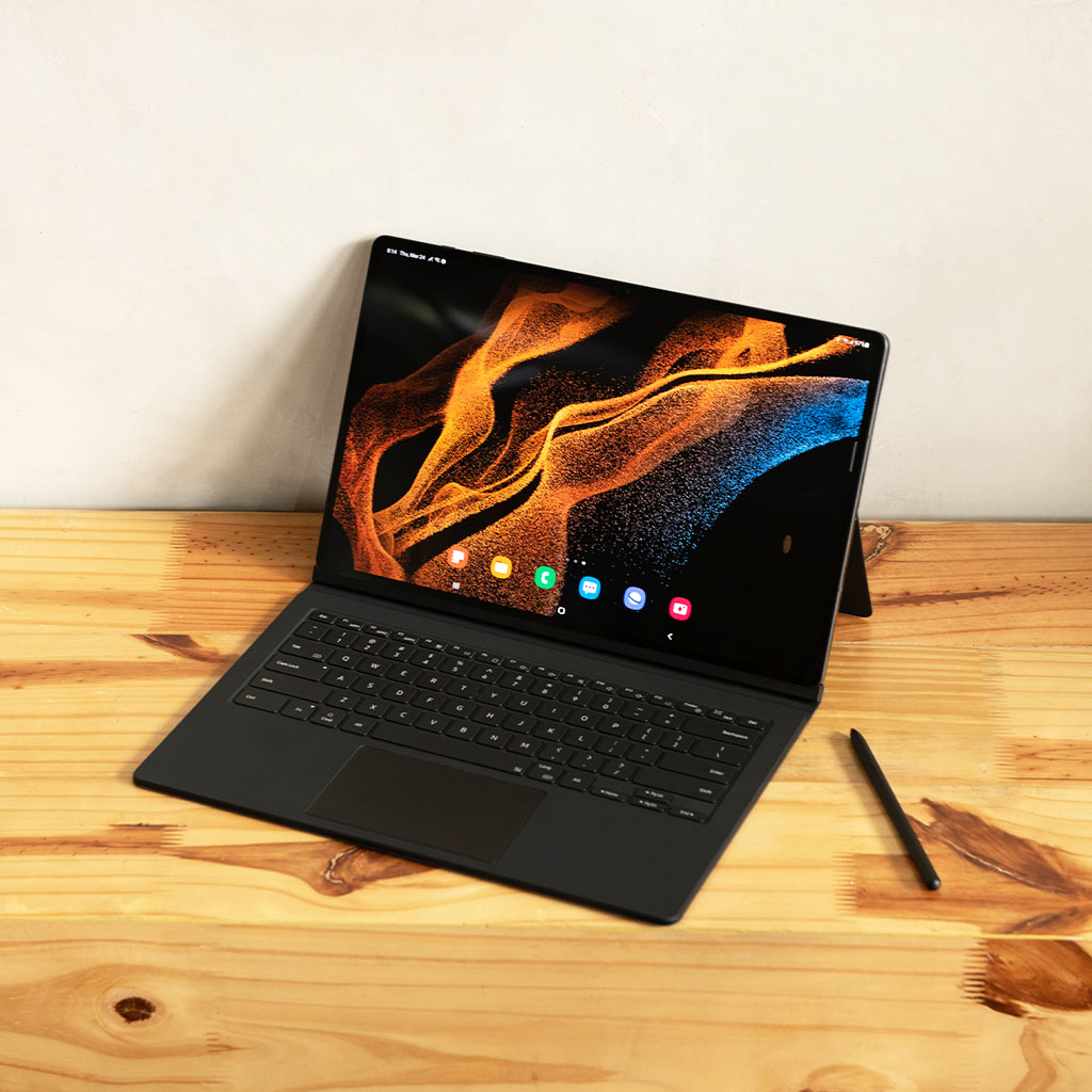The Book Cover Keyboard fit for the Samsung Galaxy Tab S8 Ultra 5G makes it a work powerhouse