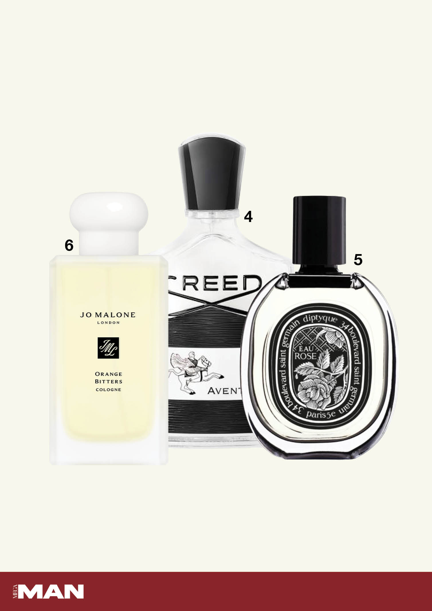 Jo Malone Orange Bitters, Aventus by the House of Creed, Eau Rose Eau de Parfum by Diptyqye fragrances