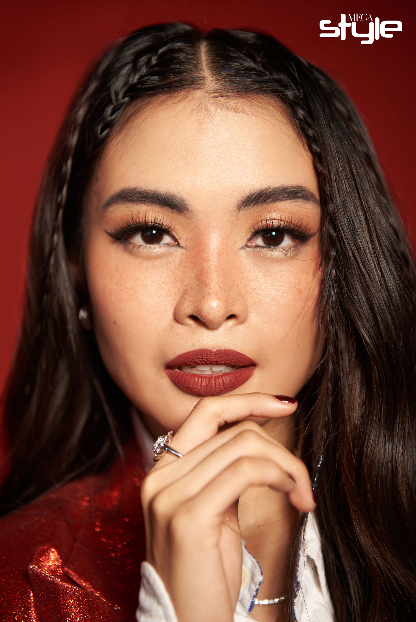 Aya Fernandez wearing YOU Beauty Rouge Power Lip Matte in Allure