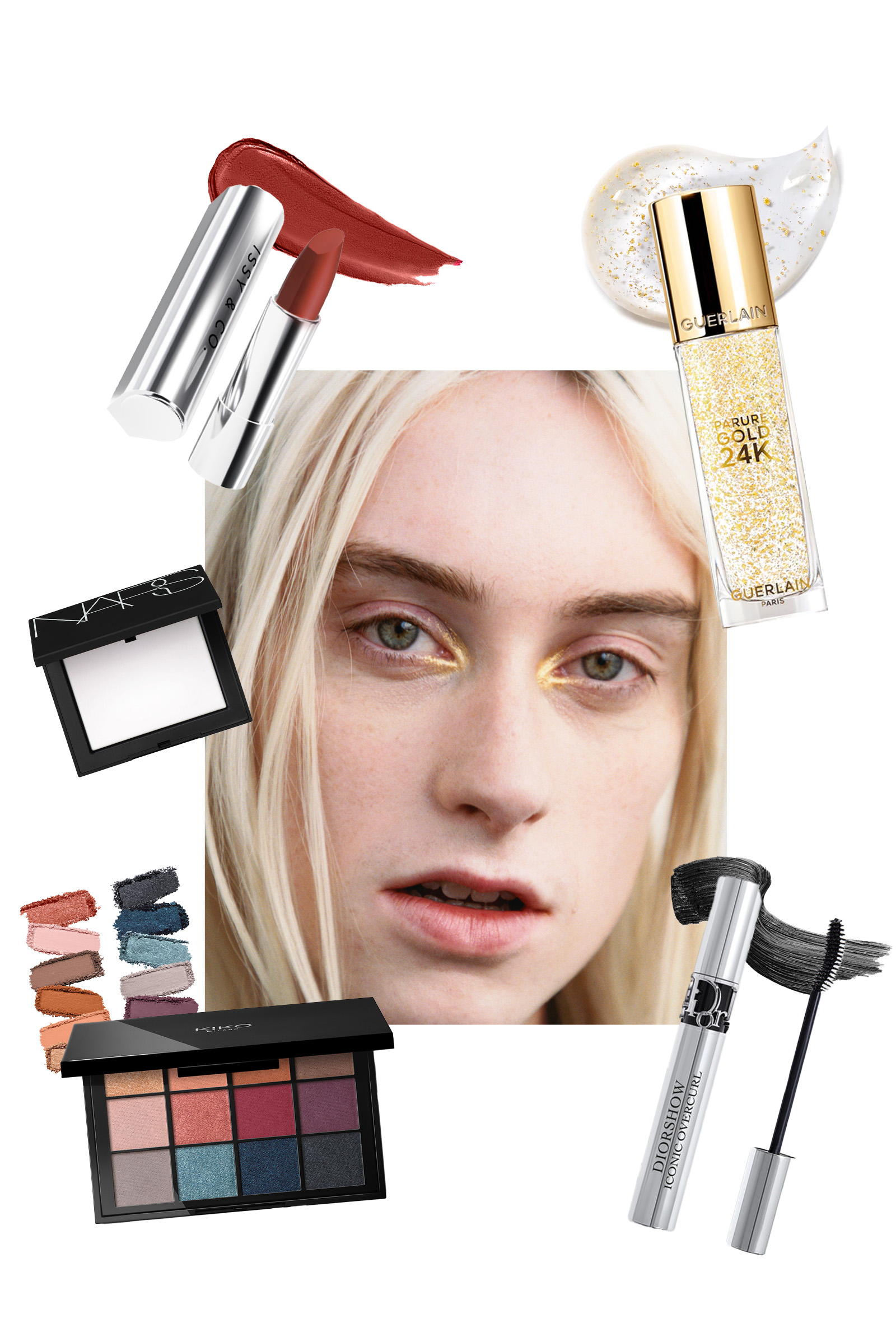GUERLAIN Parure Gold 24k Radiance Boosting Perfection Primer, KIKO Milano Cult Colors Eyeshadow Palette, Dior Beauty Diorshow Iconic Overcurl Mascara, NARS Light Reflecting Setting Powder, and Issy & Co. Lip Bullet True Velvet Motif
