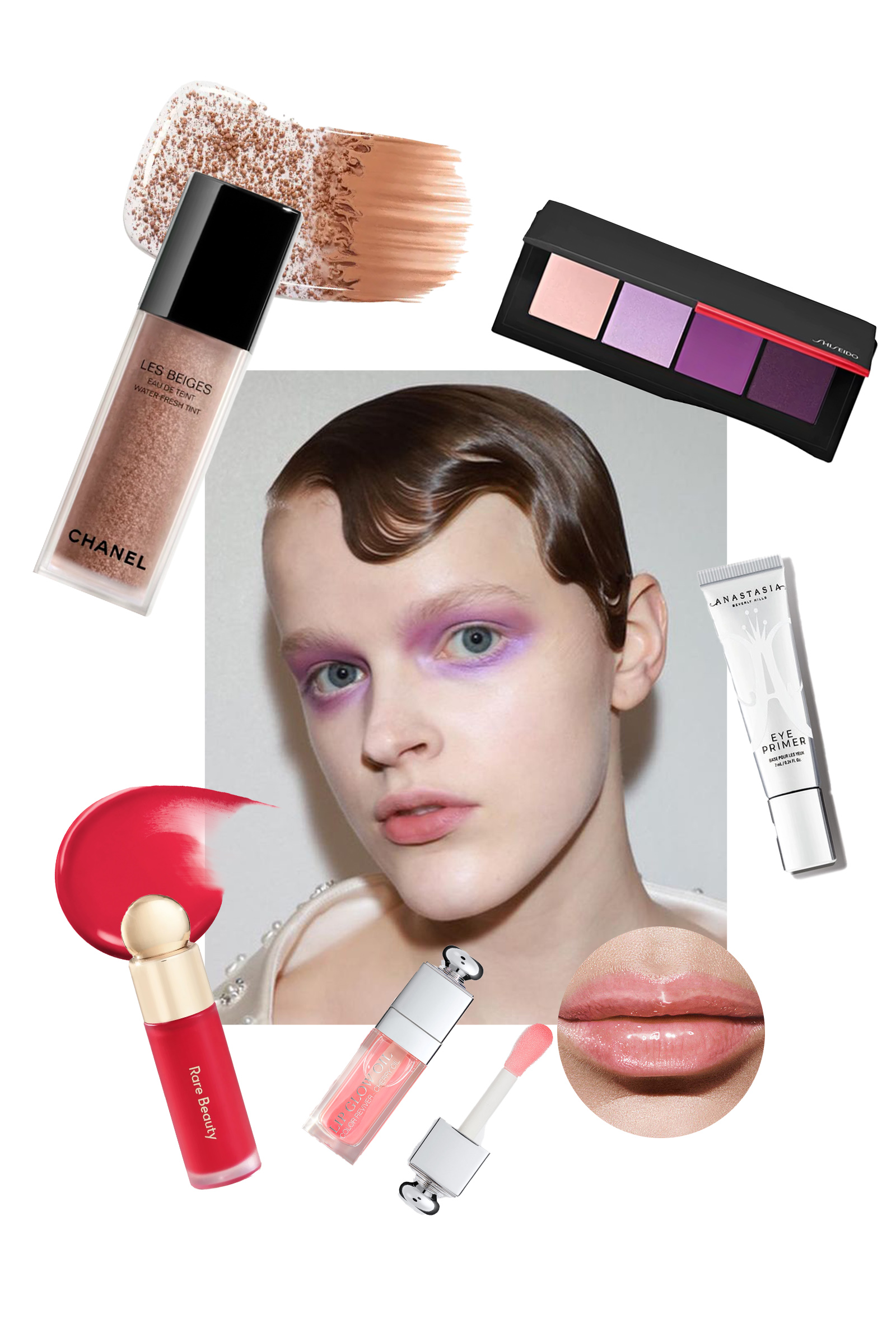 CHANEL Les Beiges Water-Fresh Tint, Anastasia Beverly Hills Mini Eye Primer, Shiseido Essentialist Eye Palette, Rare Beauty Soft Pinch Liquid Blush, and Dior Beauty Addict Lip Glow Oil