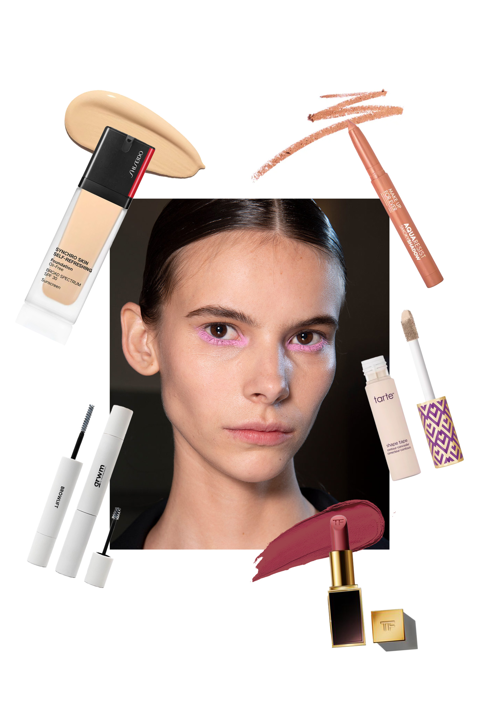 Shiseido Synchro Skin Self-Refreshing Foundation, GRWM Cosmetics Browlift, Tarte Shape Tape Contour Concealer, Make Up For Ever Aqua Resist Smoky Shadow, and Tom Ford Beauty Lip Color Matte