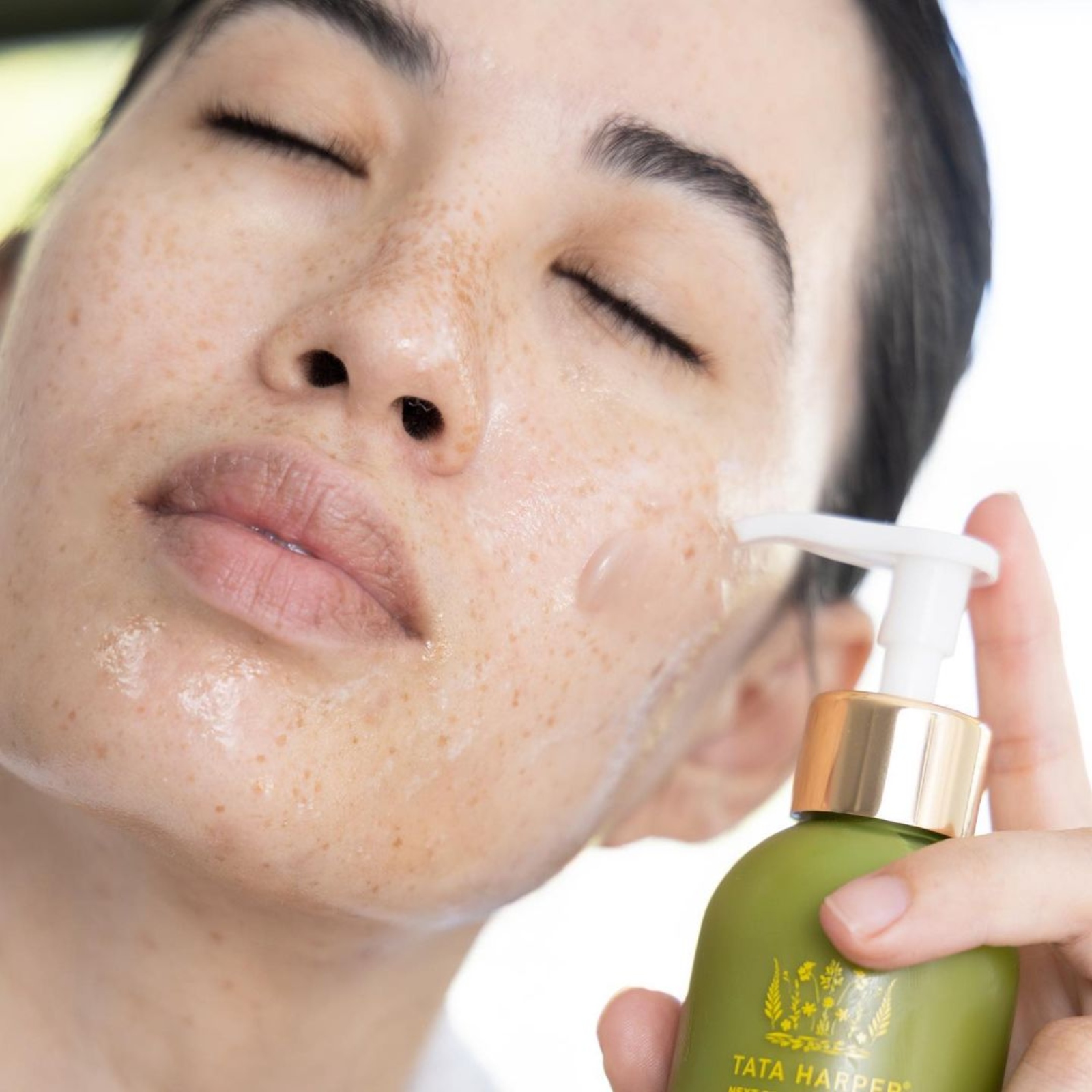 Cleansing face with Tata Harper Clarifying Cleanser