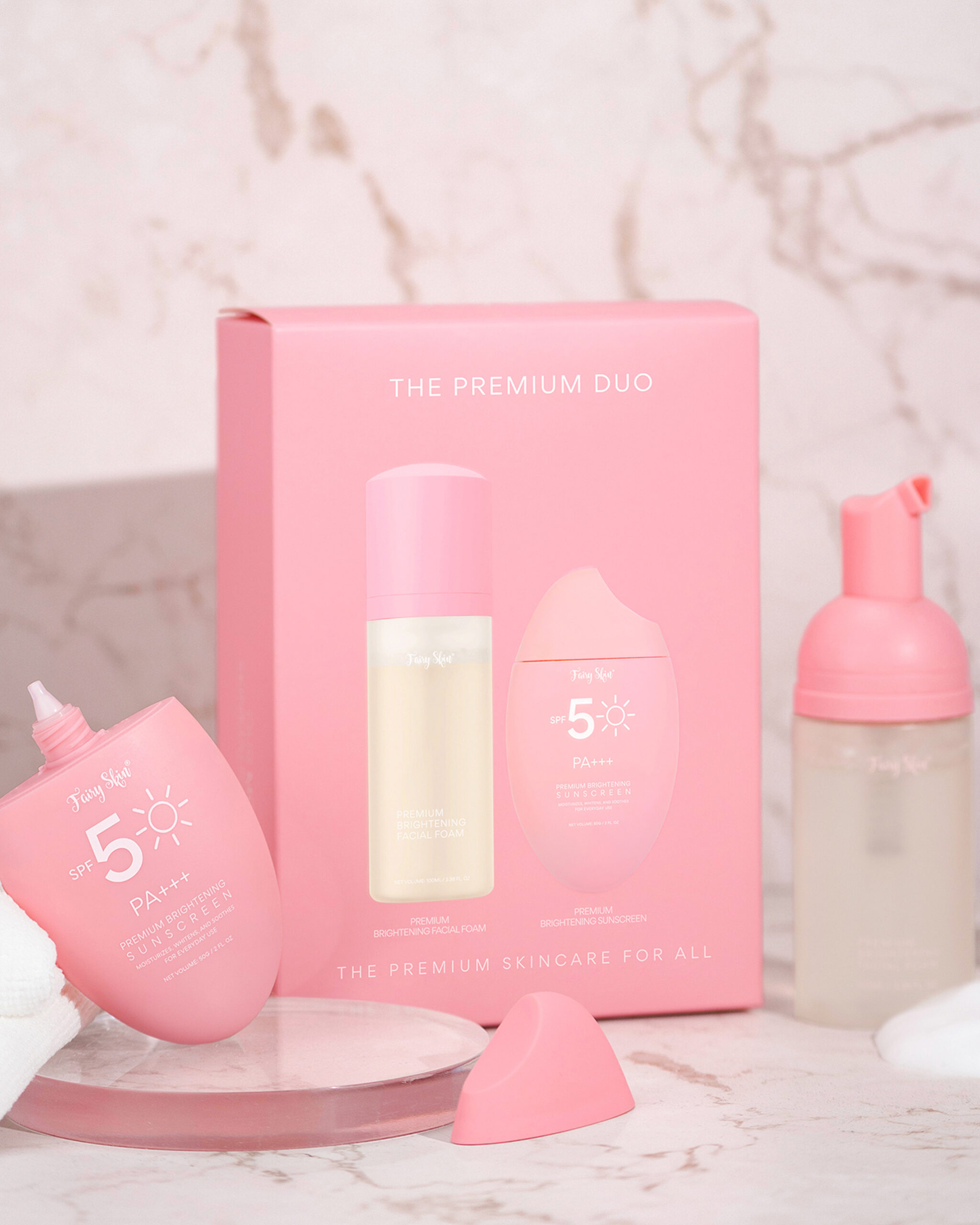 The Fairy Skin Premium Duo: Premium Brightening Facial Foam and Premium Brightening Sunscreen