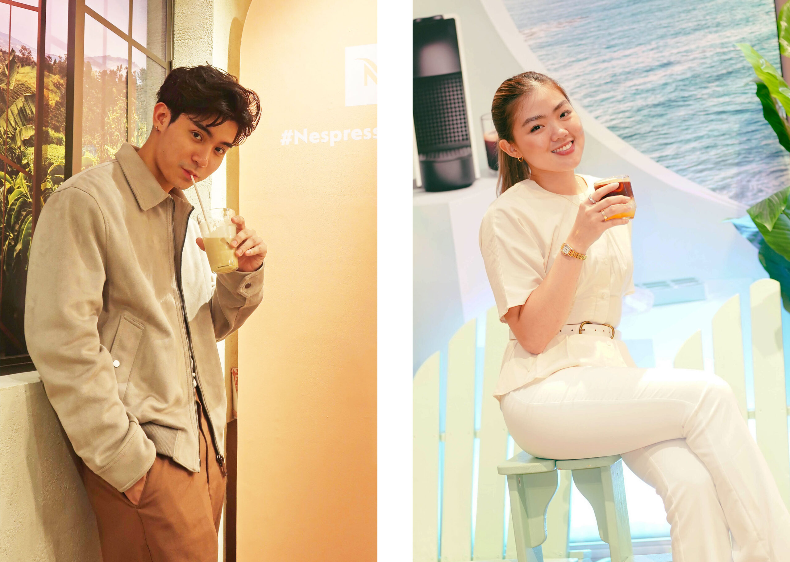 Brent Manalo and Jeanette Ong drinking Nespresso coffees