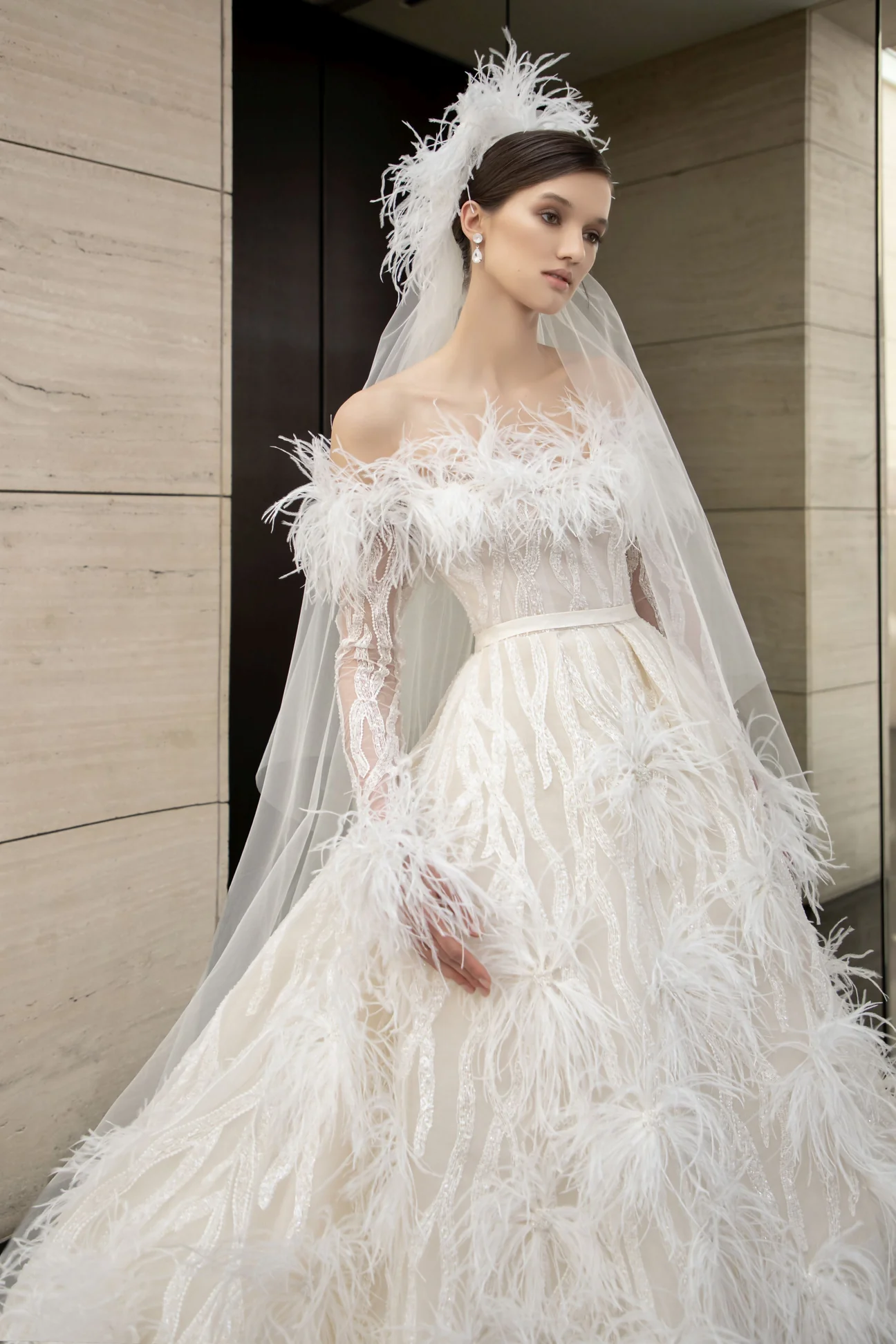 feathered fashion wedding gown