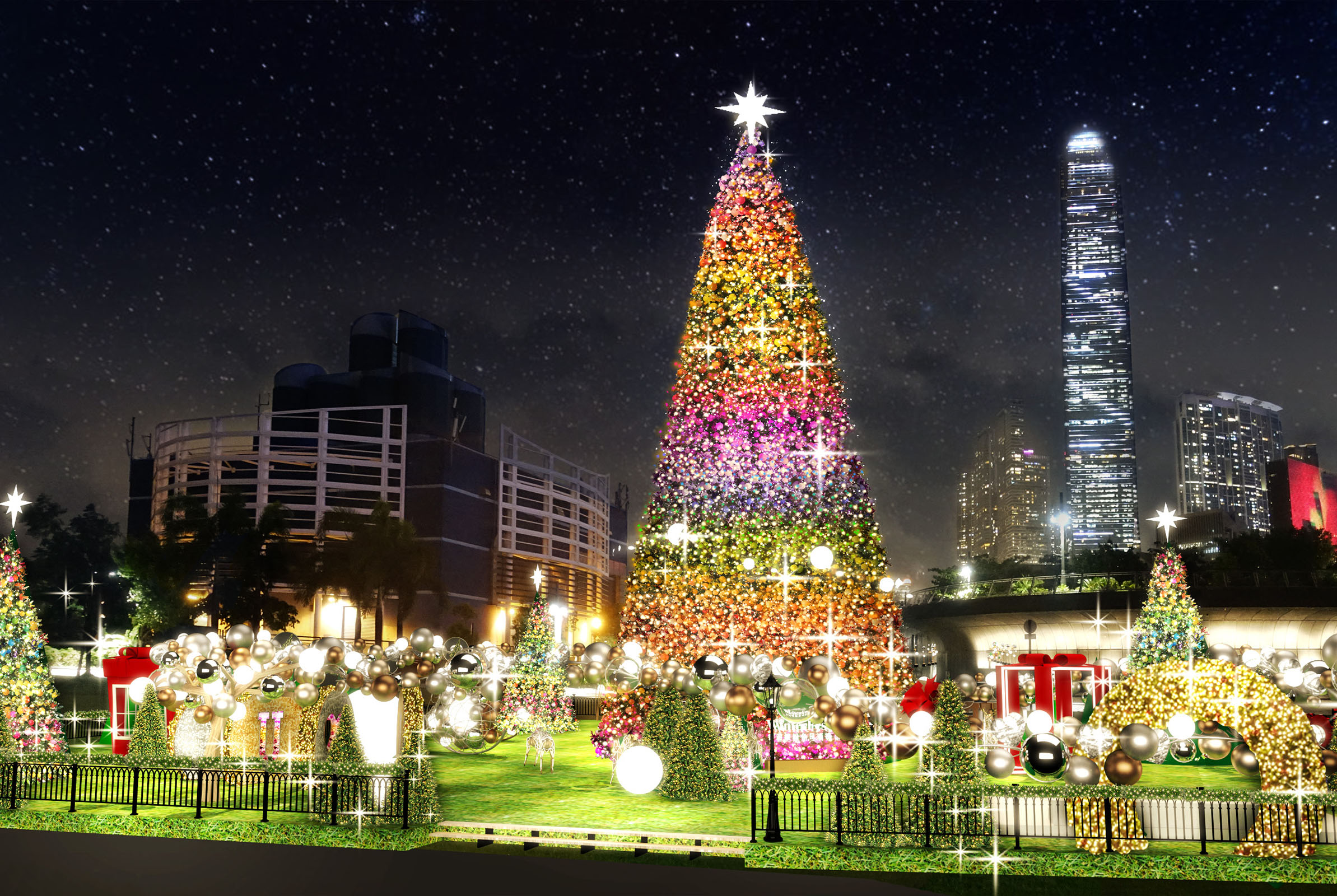An illuminated Christmas Tree in the West Kowloon Cultural District.