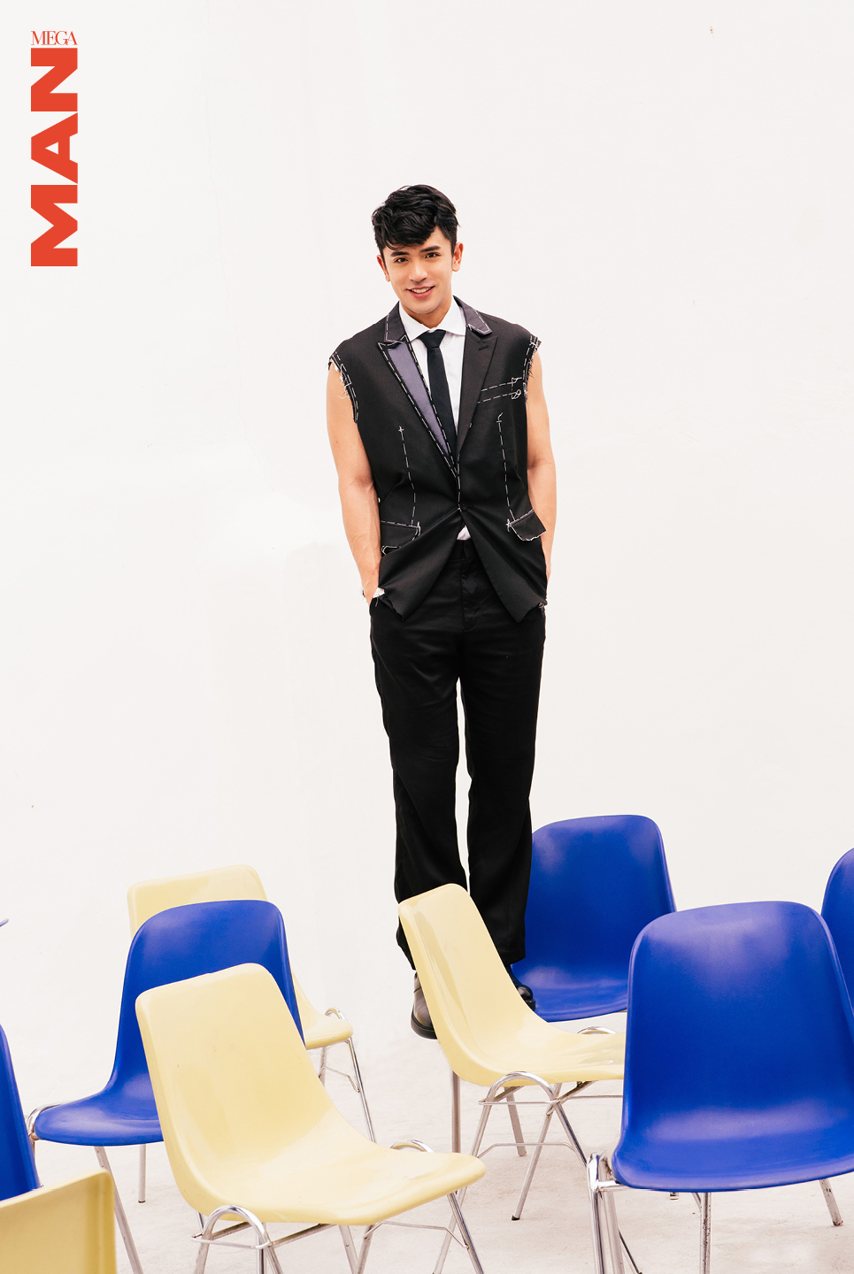 Reworked tailored jacket in black wool gabardine and acetate pongé by JUDE MACASINAG