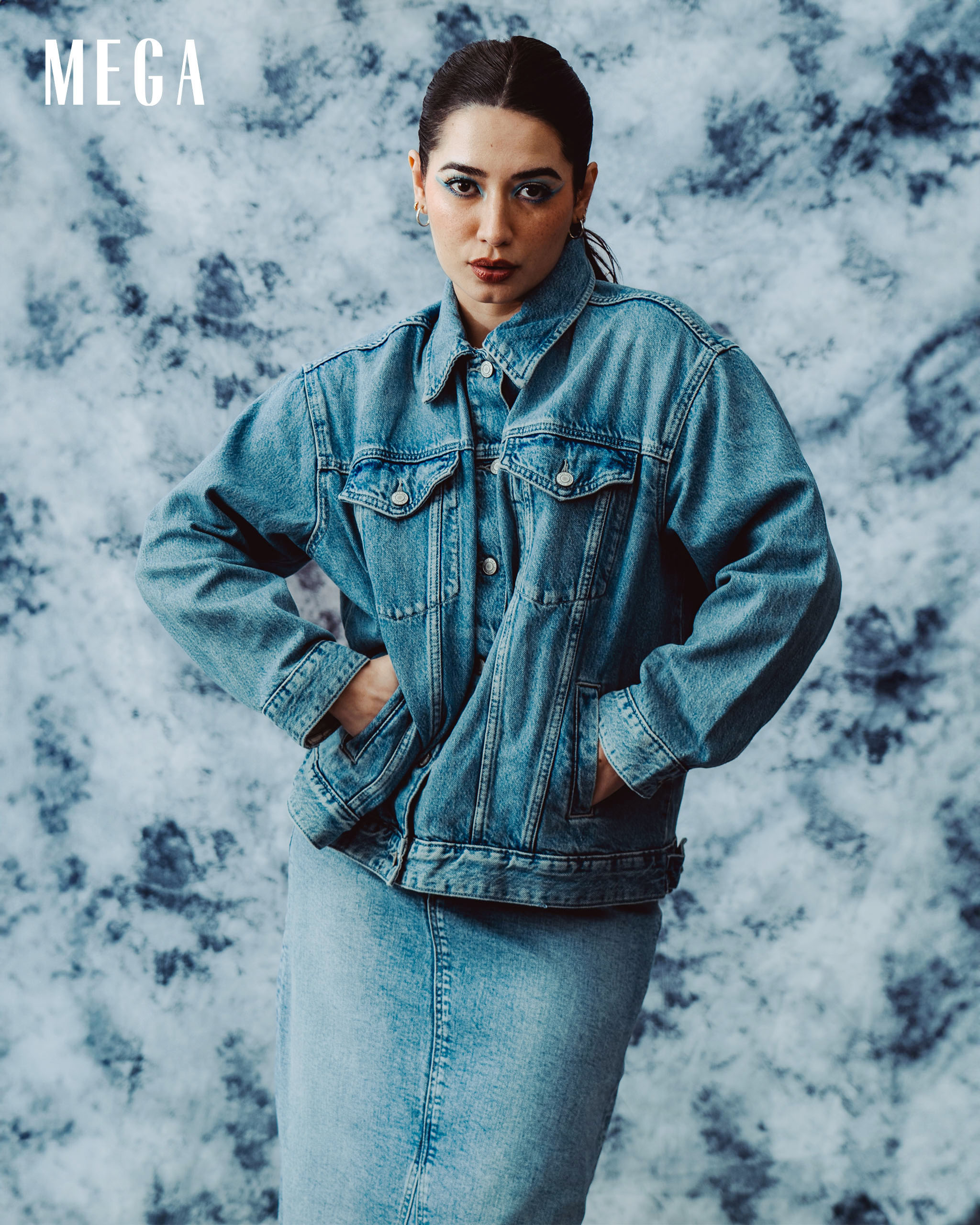 nicole andersson in denim jacket and maxi skirt from marks and spencer