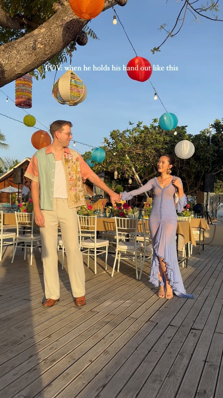 Laureen Uy Miggy Cruz weddings guests Palawan destination fashion style maximalist colors prints beach wedding blogger besties Camille Co trio Joni Koro couple