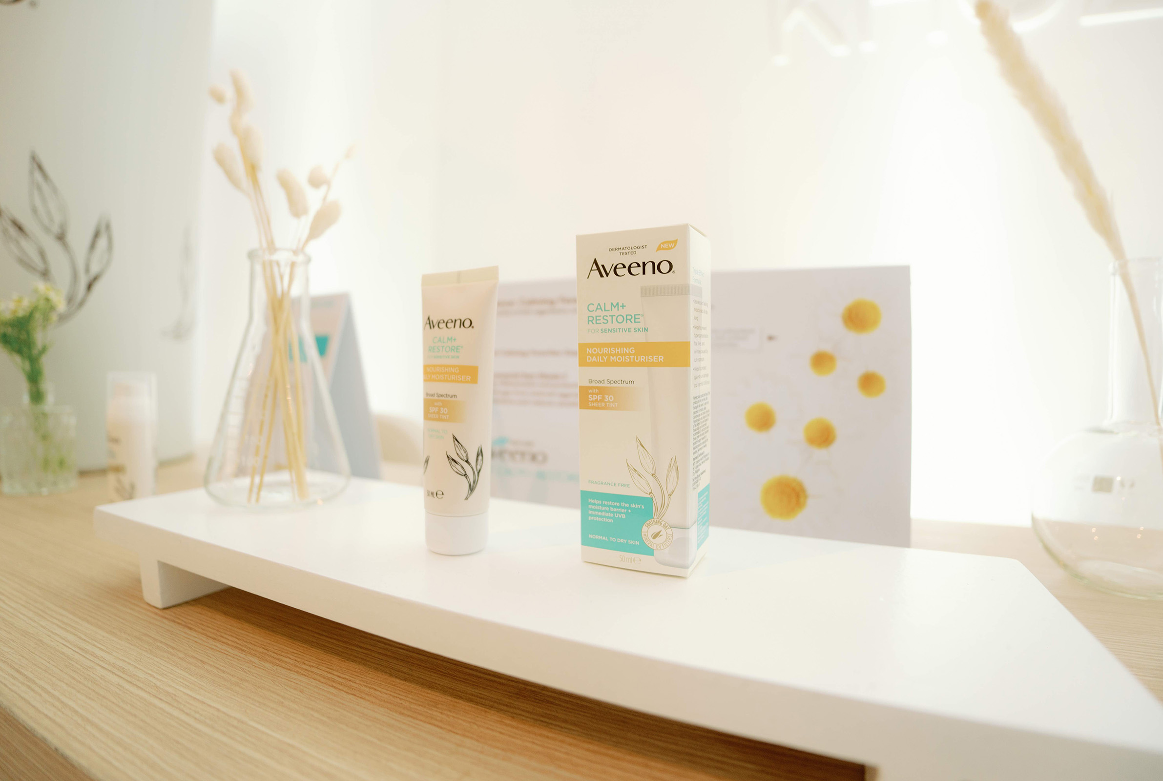 The Aveeno Calm + Restore Line has Oat Gel Moisturizer, Nourishing Daily Moisturizer with SPF 30, Re-Hydrating Night Cream, and Triple Oat Serum