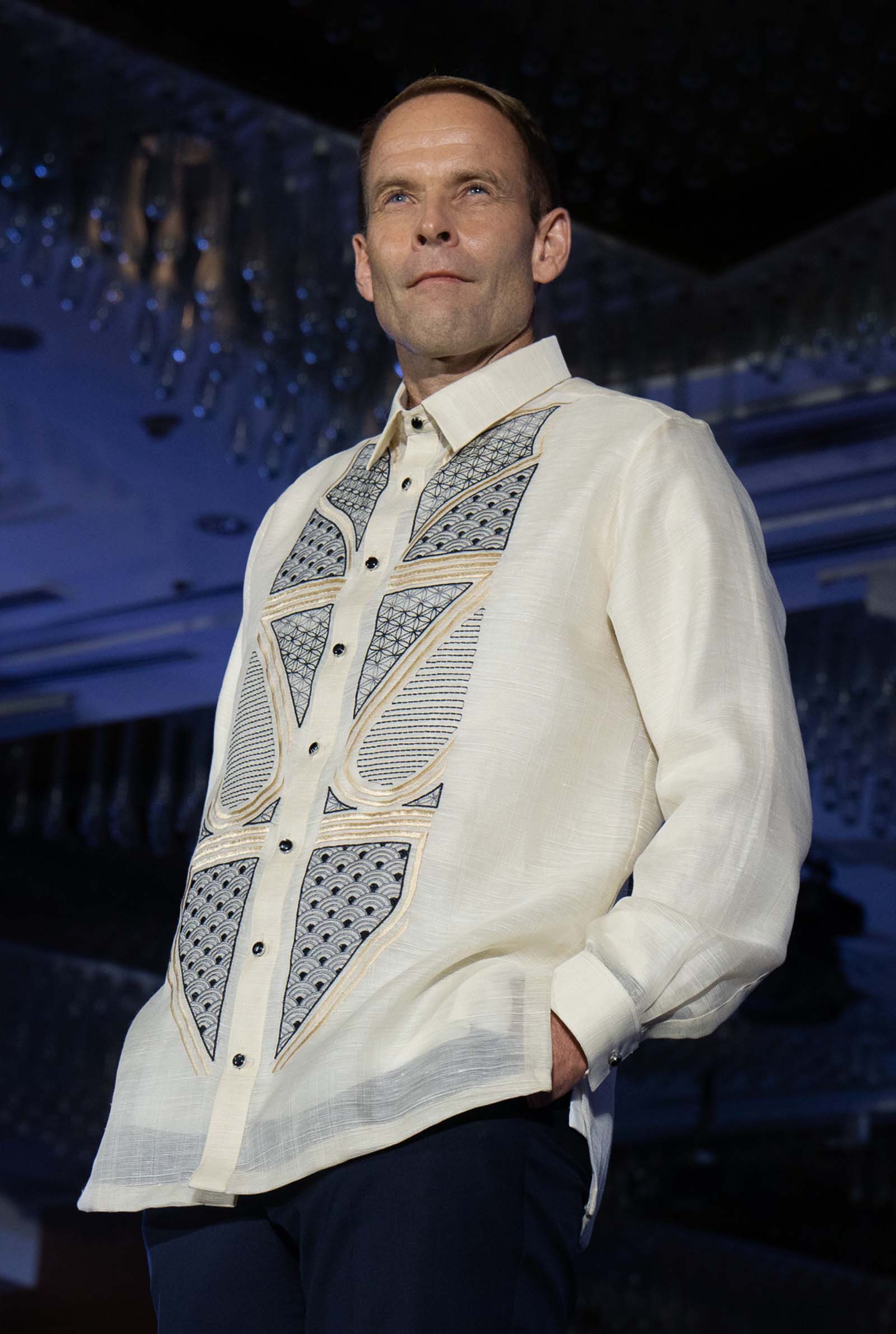 H.E. Christian Halas Lyster, Ambassador of Norway, dressed by Kultura in a barong with two-toned geometric embroidery details.