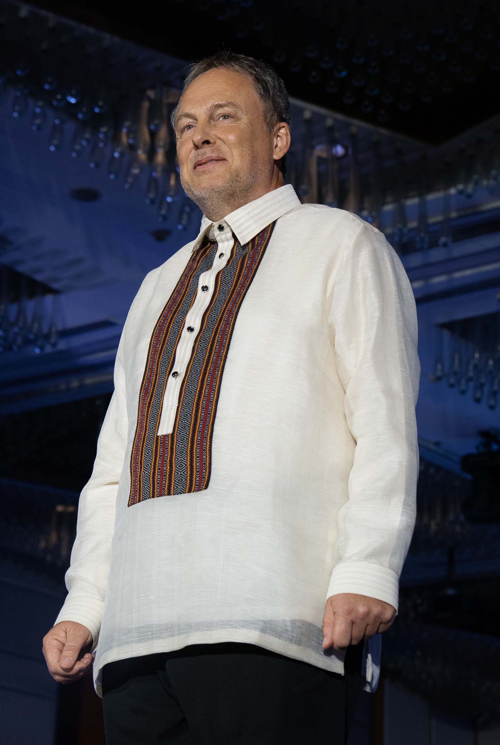 H.E Michel Monique M. Parys, Ambassador of Belgium, dressed by Kultura in a  barong with a Kalinga weave in the colors of the Belgian flag.