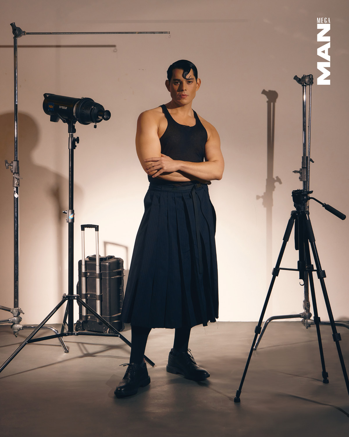 Mond Gutierrez fashion attire Black tank top, RICK OWENS; Navy pinstripe skirt, VIKTOR; Black oxfords, THOM BROWNE