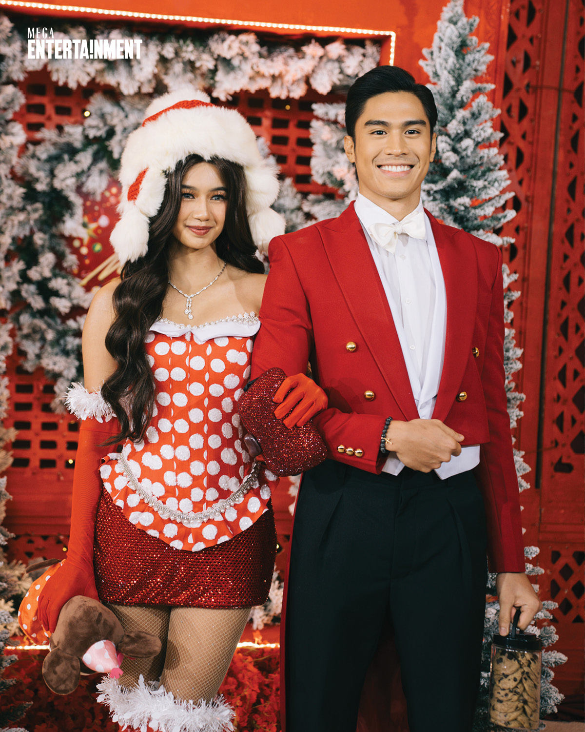 Couple Kaori Oinuma and Jeremiah Lisbo in matching red and white holiday looks Star Magical Christmas Ball