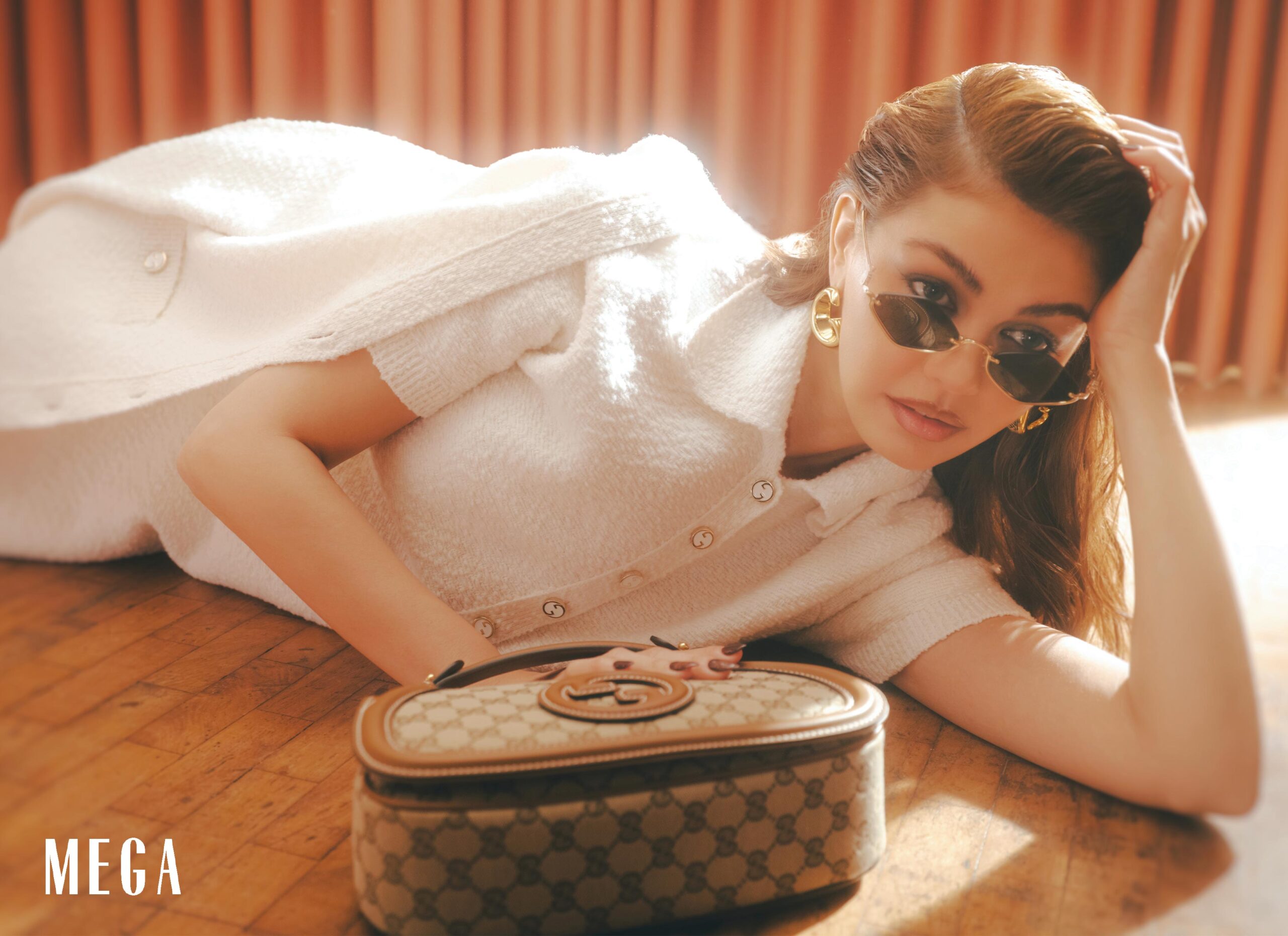 Janine Gutierrez wearing GUCCI wool bouclé polo dress, GUCCI wool bouclé cardigan, GUCCI blondie small top handle bag, GUCCI geometric frame sunglasses, GUCCI earrings with G motif