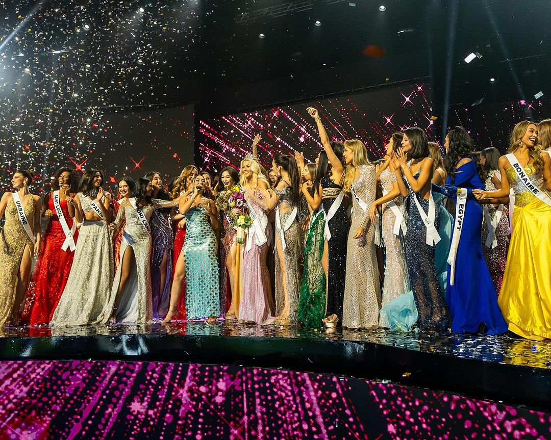 Candidates celebrating the crowning of Miss Universe 2024 Victoria Kjaer Theilvig beauty queen