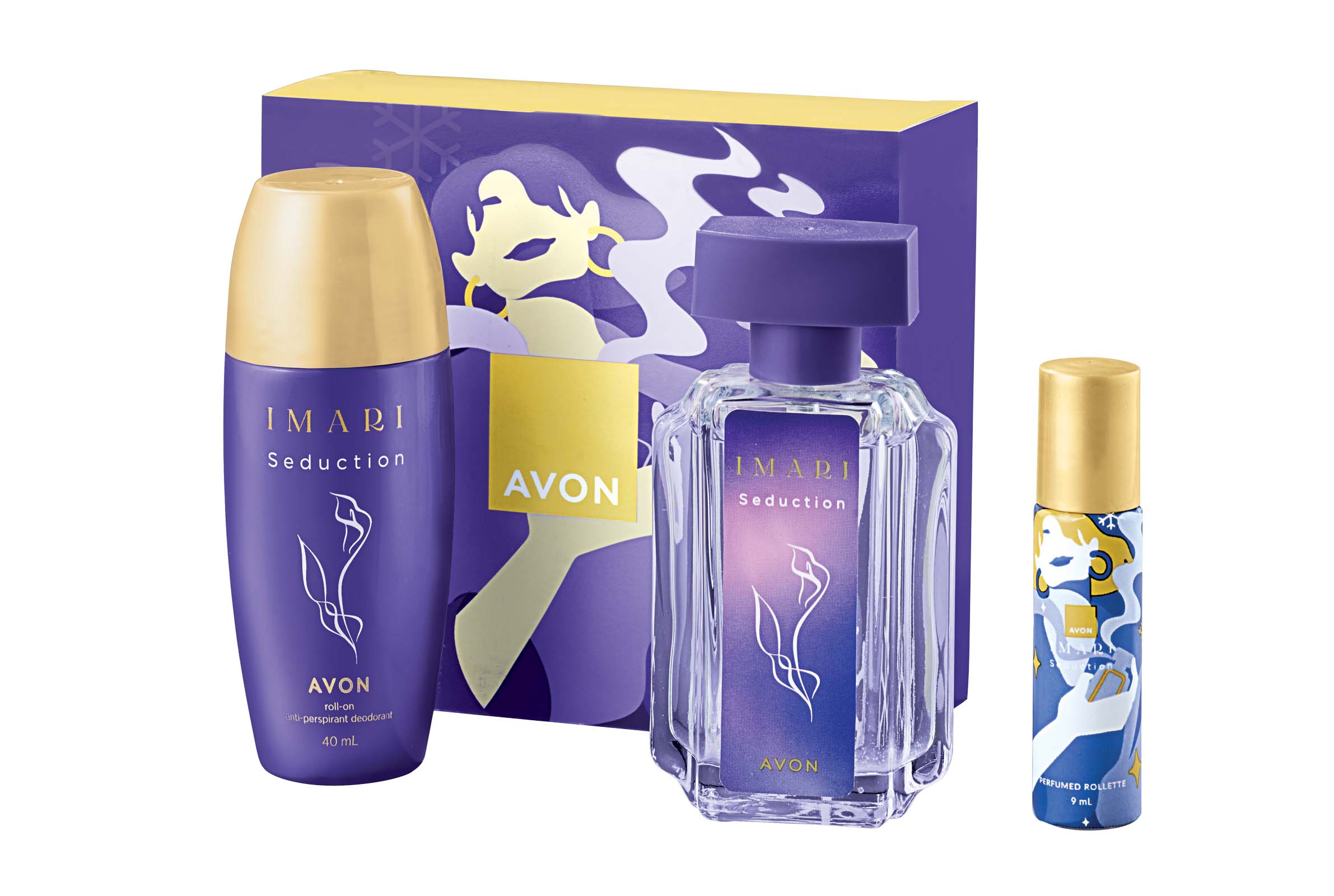 The avon Imari Seduction gift set features an Eau de Toilette, Perfumed Rollette, and Body Spray