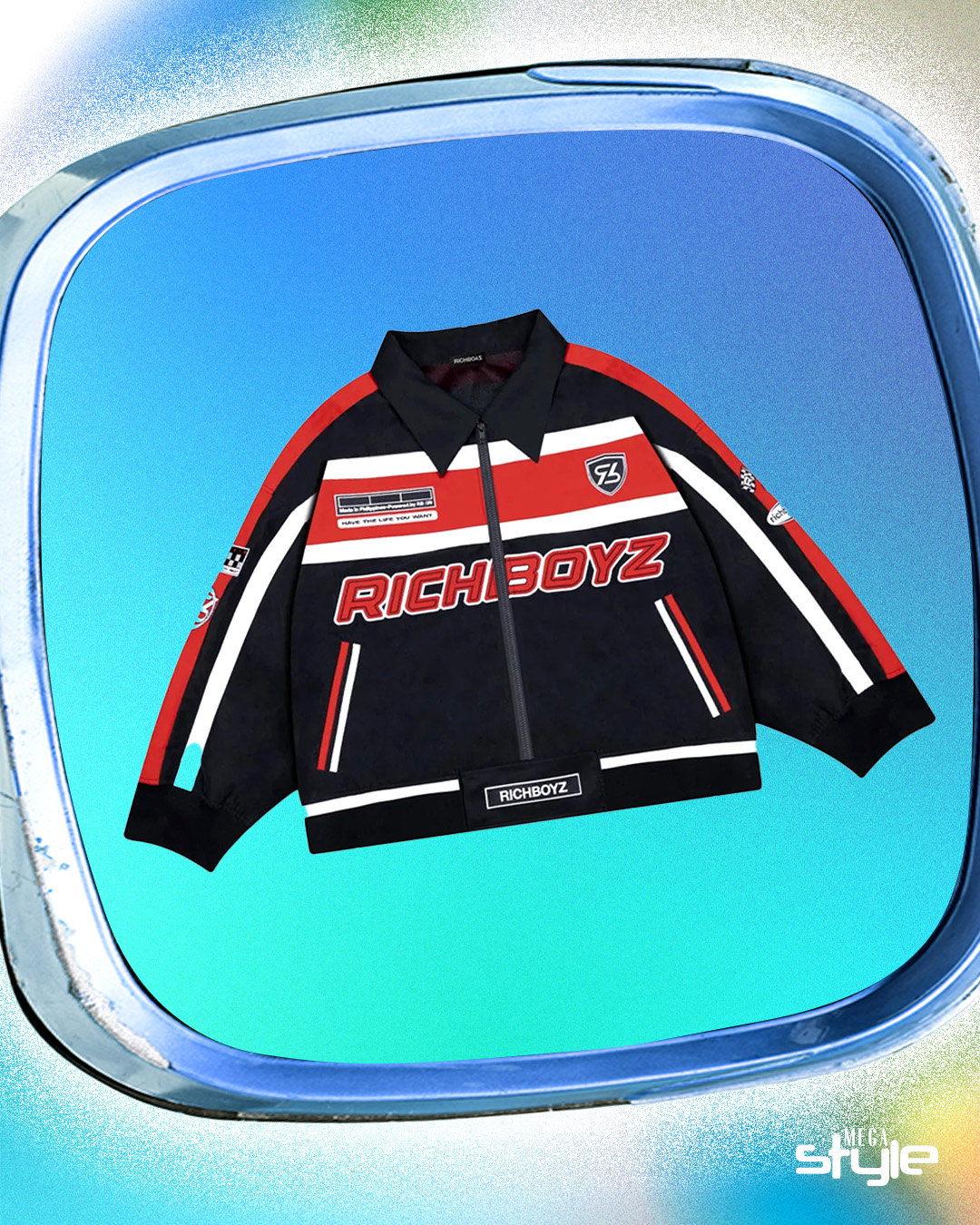 Richboyz' Racing Jacket makes a good layer with its loud design and eye-catching accents  maximalist maximalism streetwear pieces design element print pattern jewelry