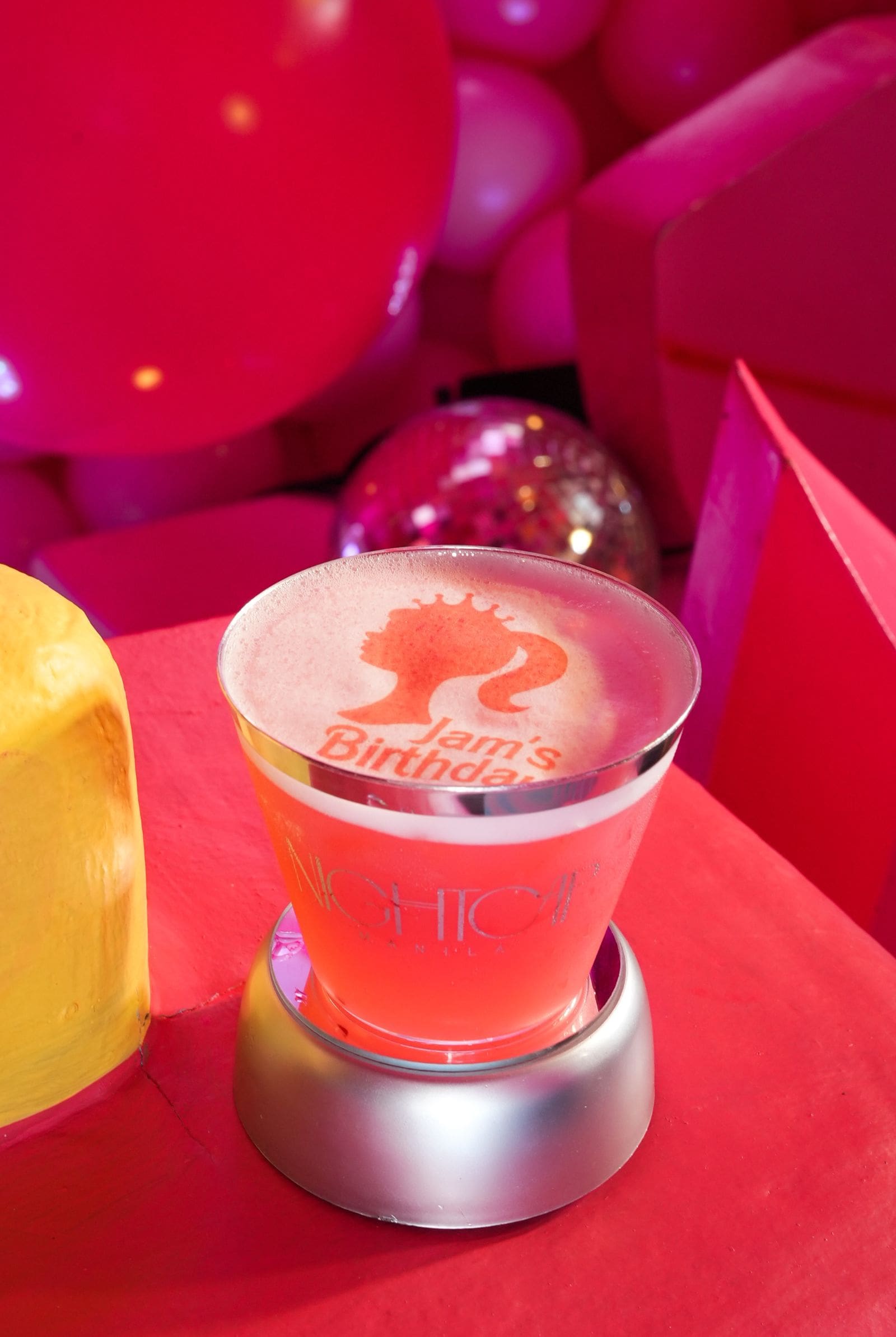 The Barbie drink is made from almond, pomegranate, citrus, and egg whites with a base of tequila