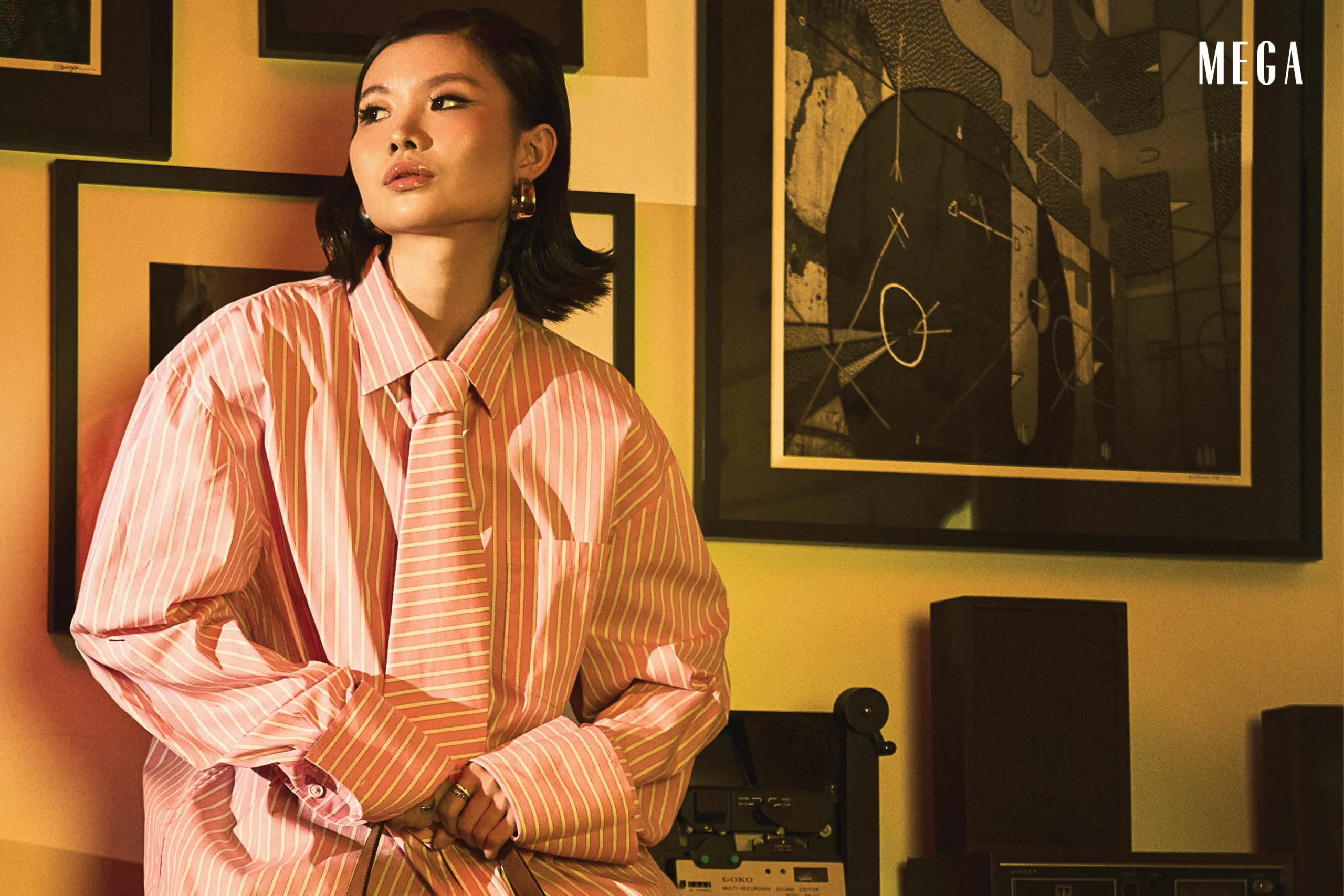 R/STUDIOS R.E.D. long sleeve shirt in Taffy, Tie Mini in Cognac bag