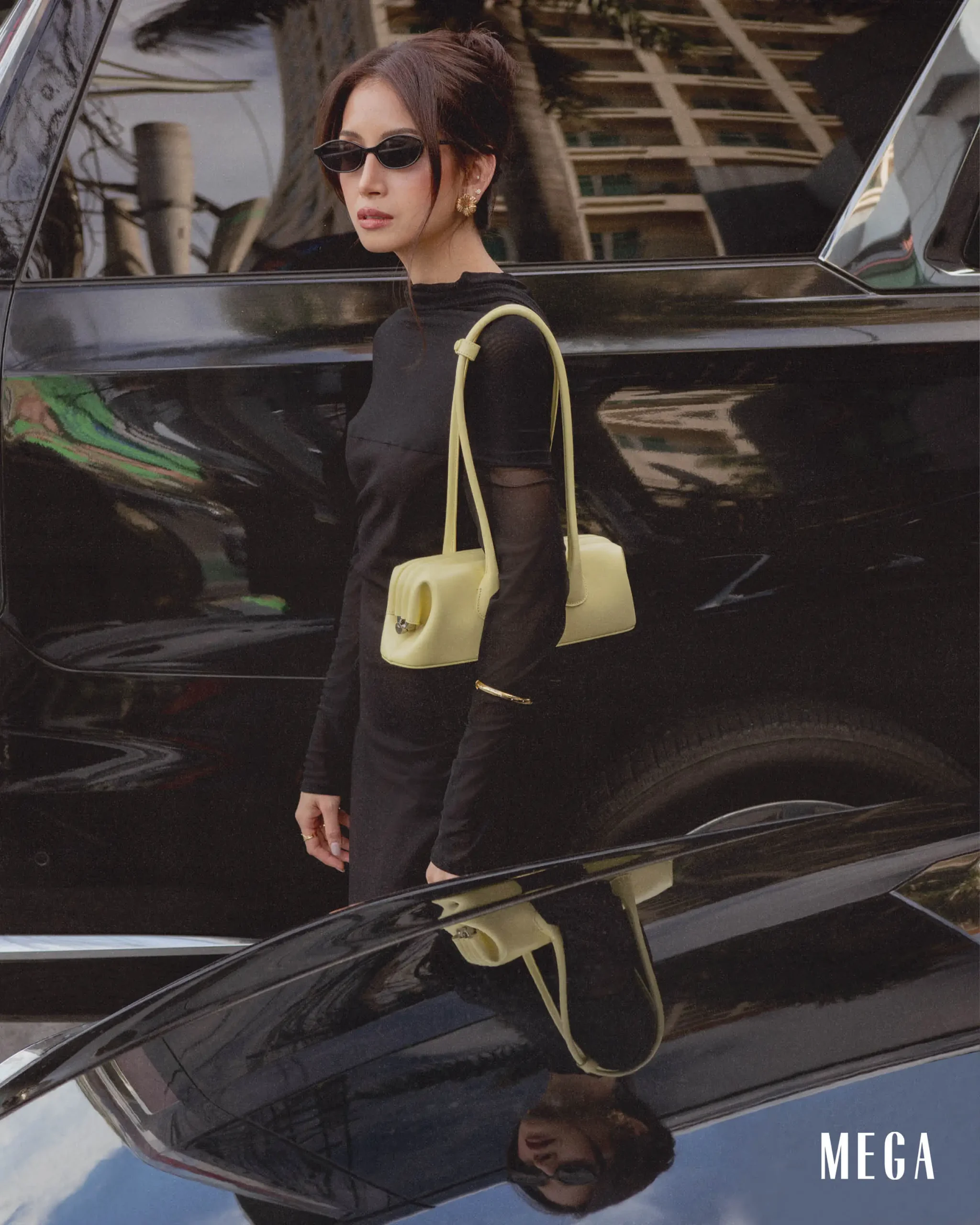 JRO ALARCIO dress, AQUAZZURA heels, H&M sunglasses, OSOI bag, SUKI JEWELRY