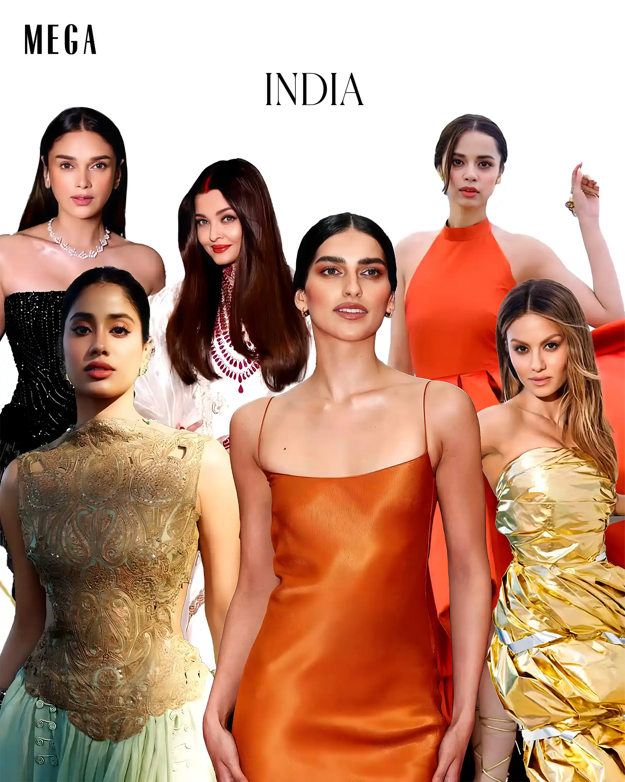 Natasha Poonawalla in Balenciaga. Aishwarya Rai Bachchan in Malhotra. Aditi Rao Hydari in Rahul Mishra. Saffron Vadher in Dior. Janhvi Kapoor in custom Anamika Khanna. Nitanshi Goel in custom Maison Tai.