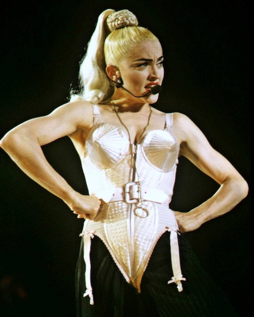 Madonna in her iconic cone-shaped bra corset by Jean Paul Gaultier