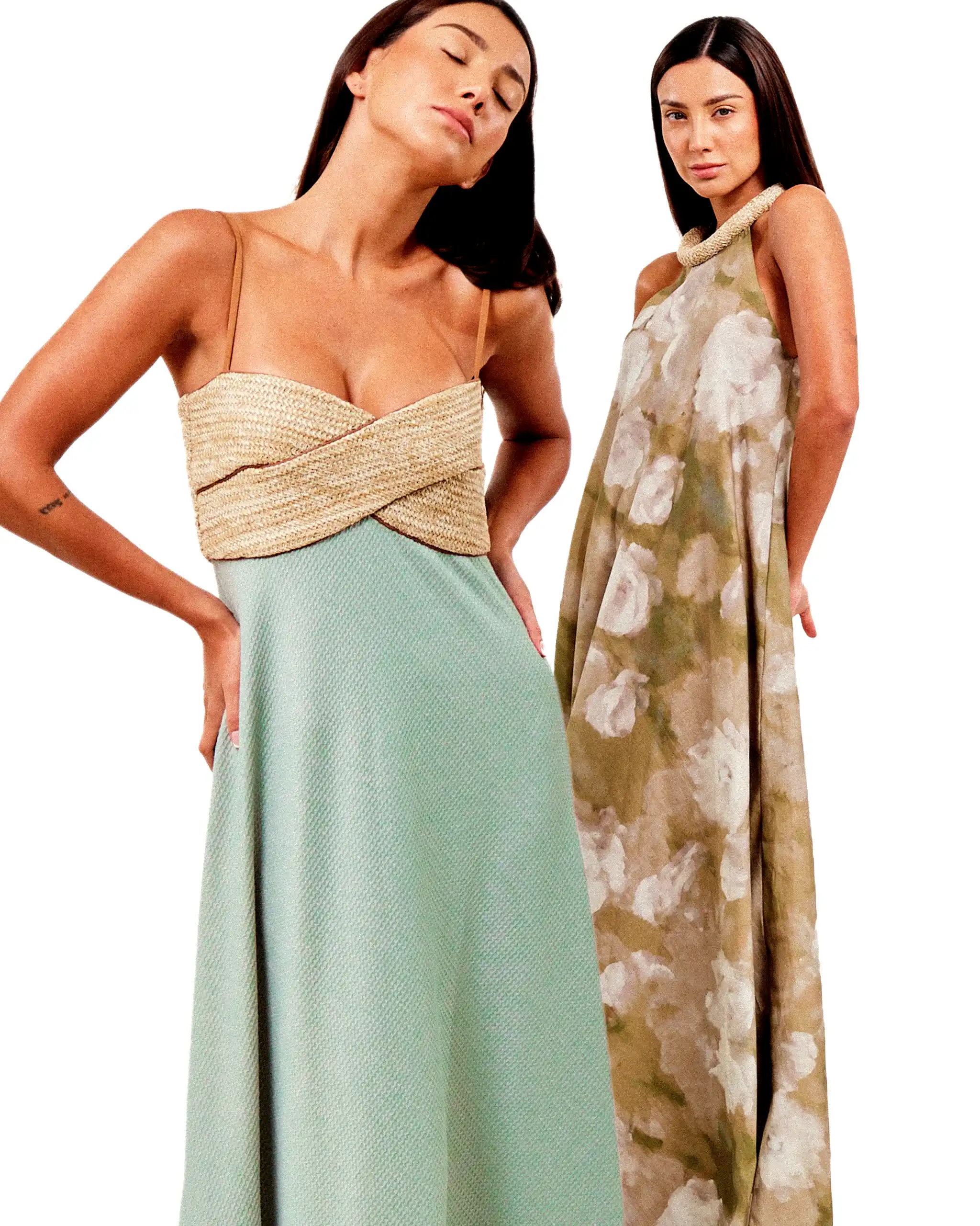 Natural raffia and seashells anchor the collection’s coastal soul