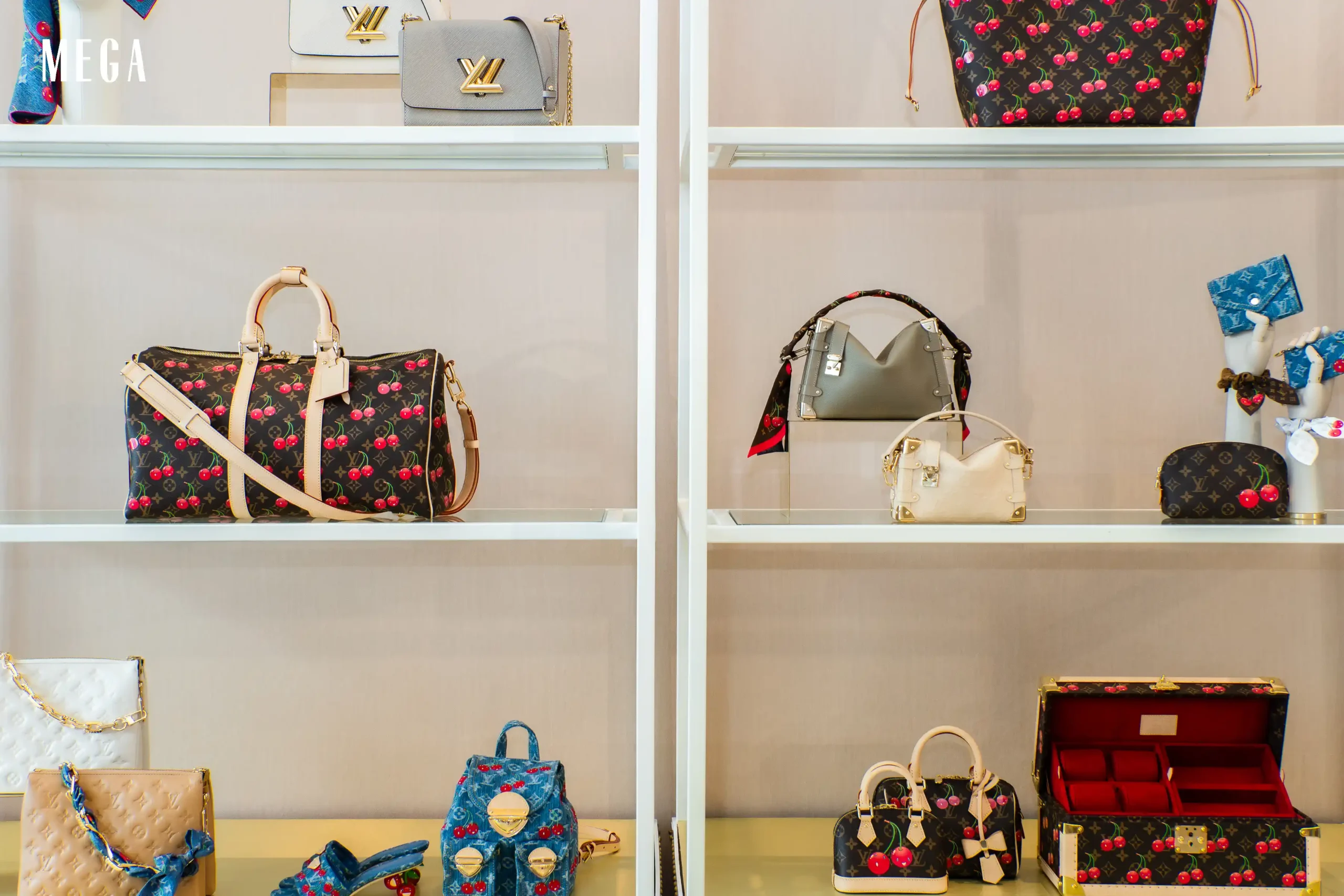An array of bags also carry the cherry motif LV RESORT TAKASHI 2025