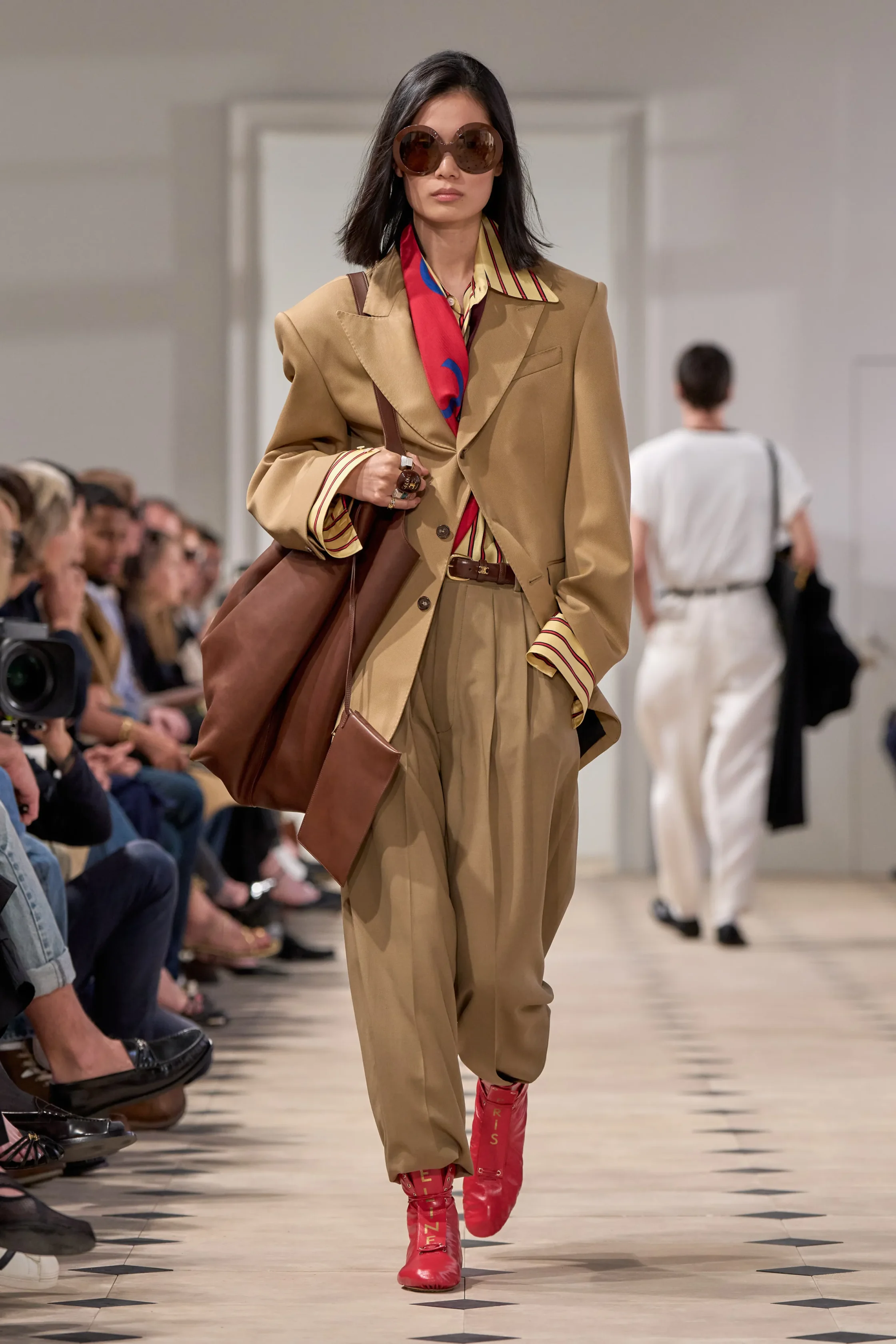 celine scarf red khaki suit brown bag ss26