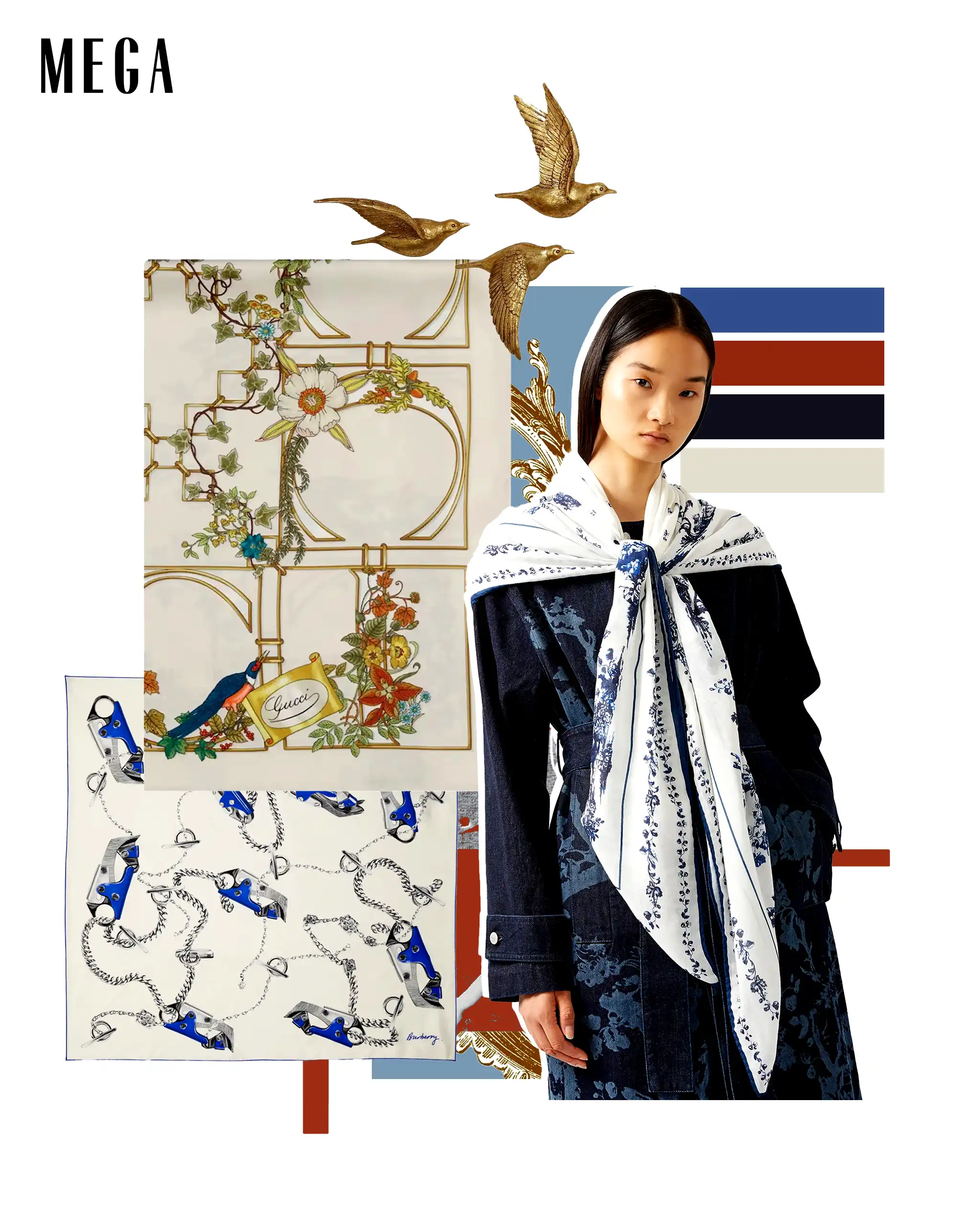 A boldly printed scarf functions as a visual mood enhancer styling