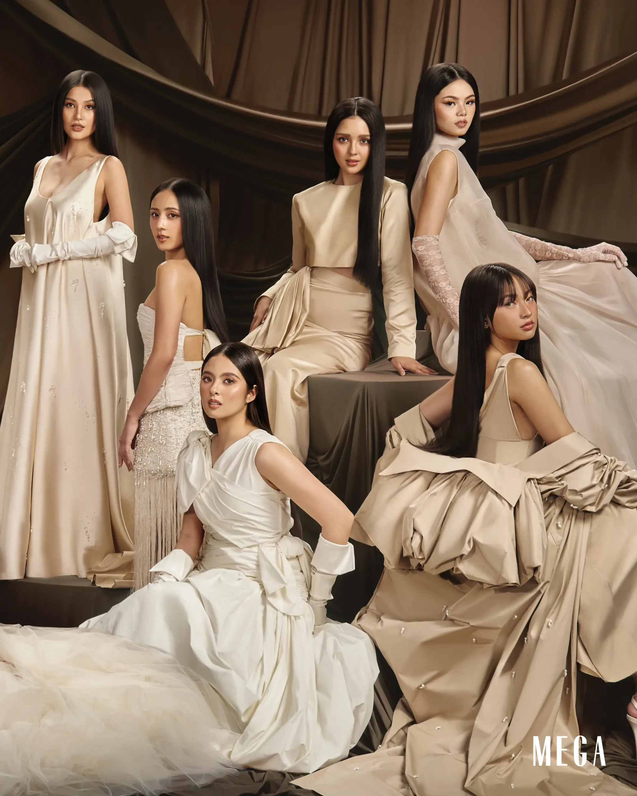 Lexi Gonzales, Hyacinth Callado, Chanty Videla, Skye Chua, Ysabel Ortega, and Angela Muji IN VANIA ROMOFF DRESSES, JAGGY GLARINO GLOVES mega women to watch