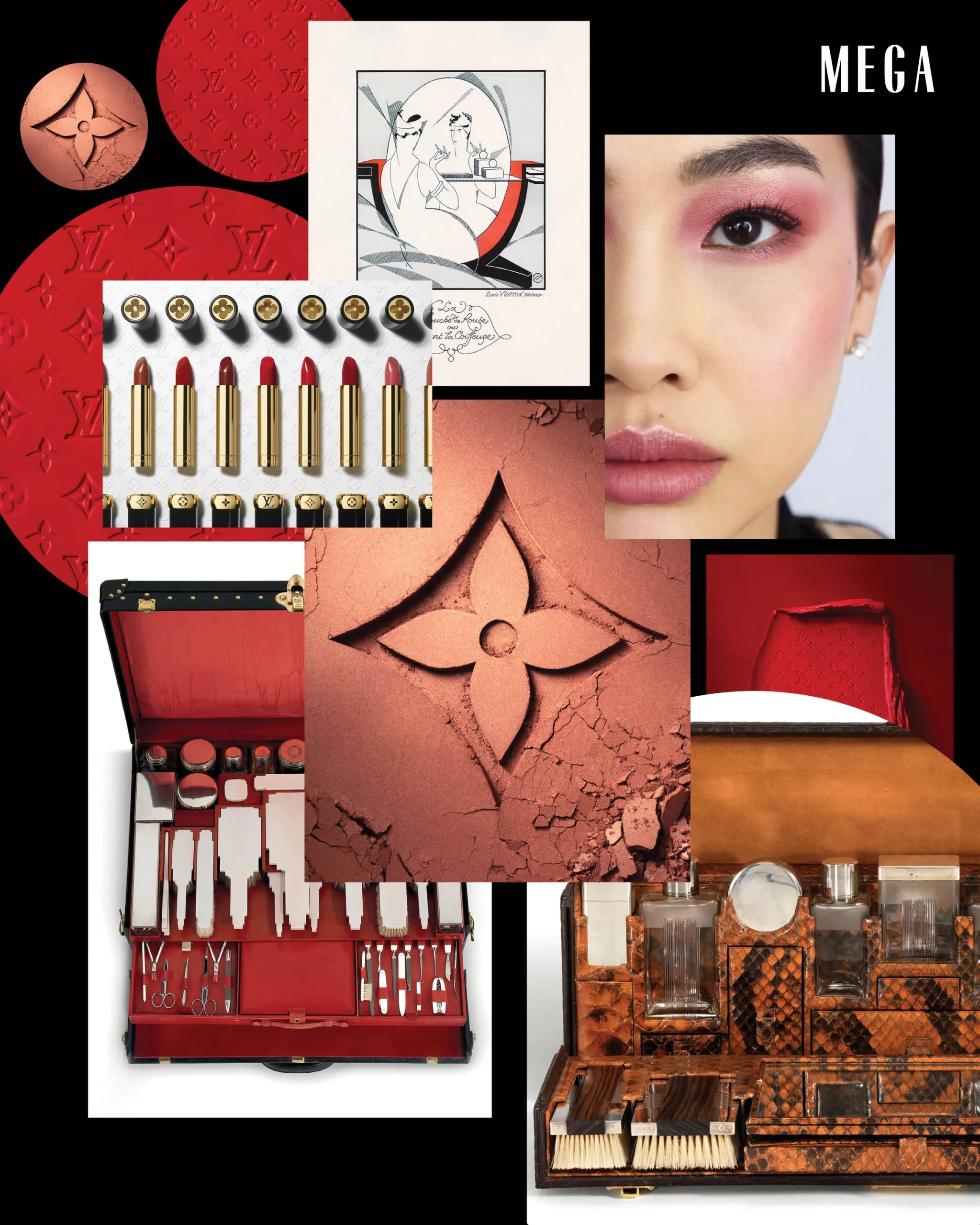 THE COLLECTION INCLUDES 55 shades of lipstick—a conscious nod to Roman numerals and the initials LV, chosen by McGrath to be simultaneously flattering and visionary. The range splits into two finishes (27 creamy satin hues and 28 velvety mattes)