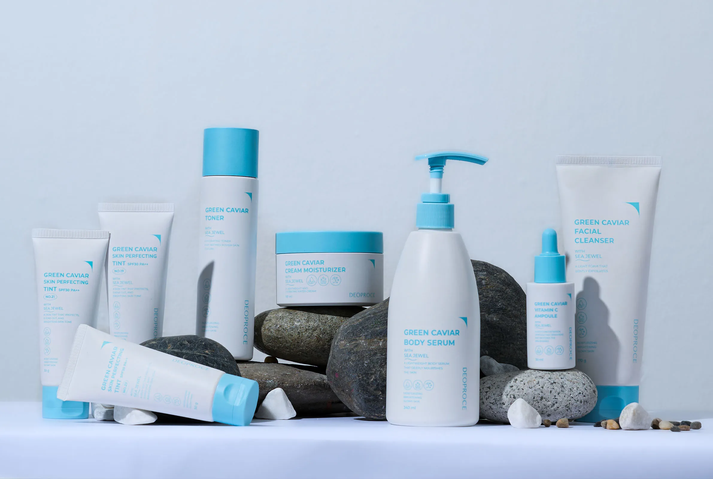 A lineup of Green Caviar's skincare products