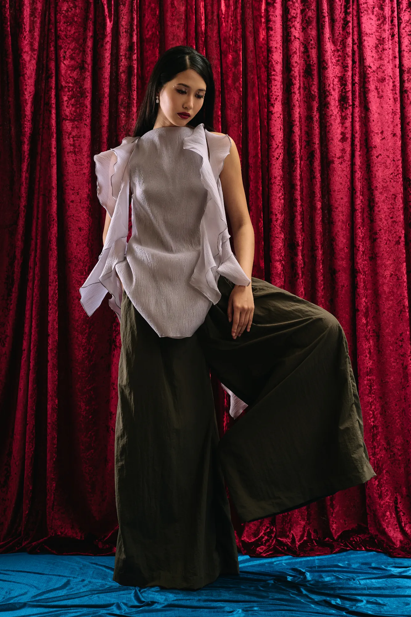 TWIRL DRESS IN TINSEL, PALAZZO PANTS IN COAL