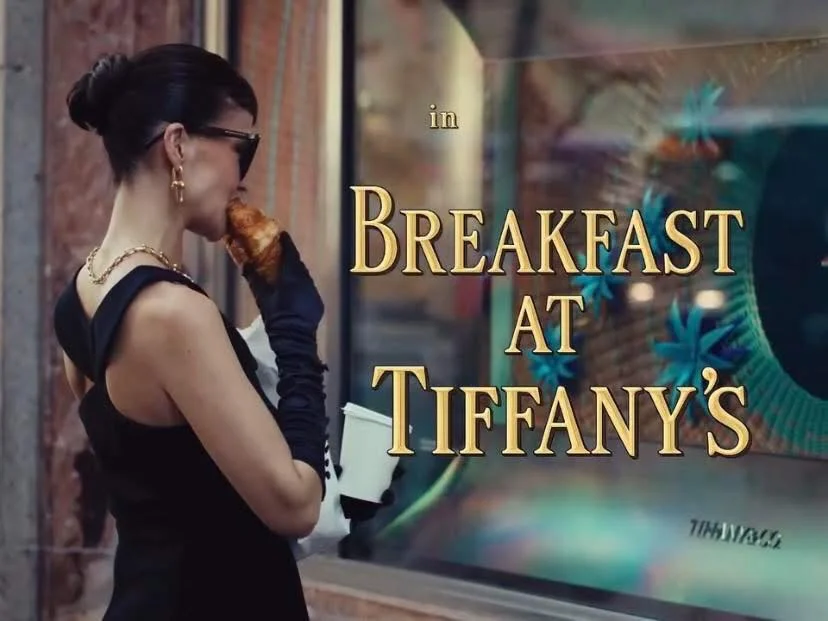 Stylish woman in a black dress and gloves eats a croissant outside a Tiffany's window, with gold text 'Breakfast at Tiffany's' on the glass.