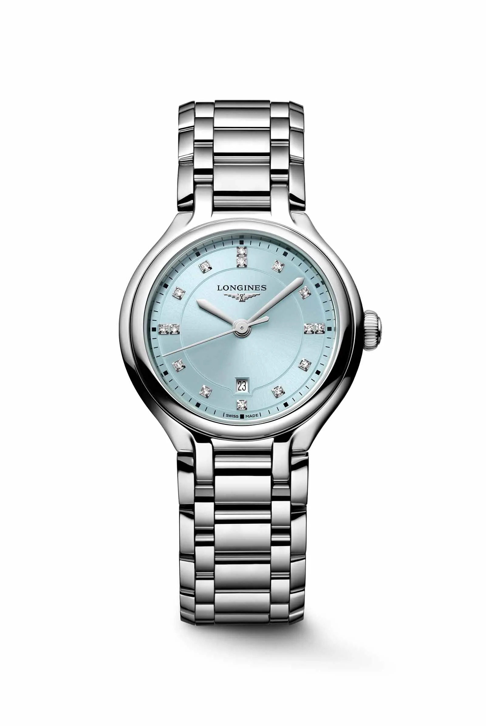 Longines PrimaLuna quartz model with a mint-colored dial