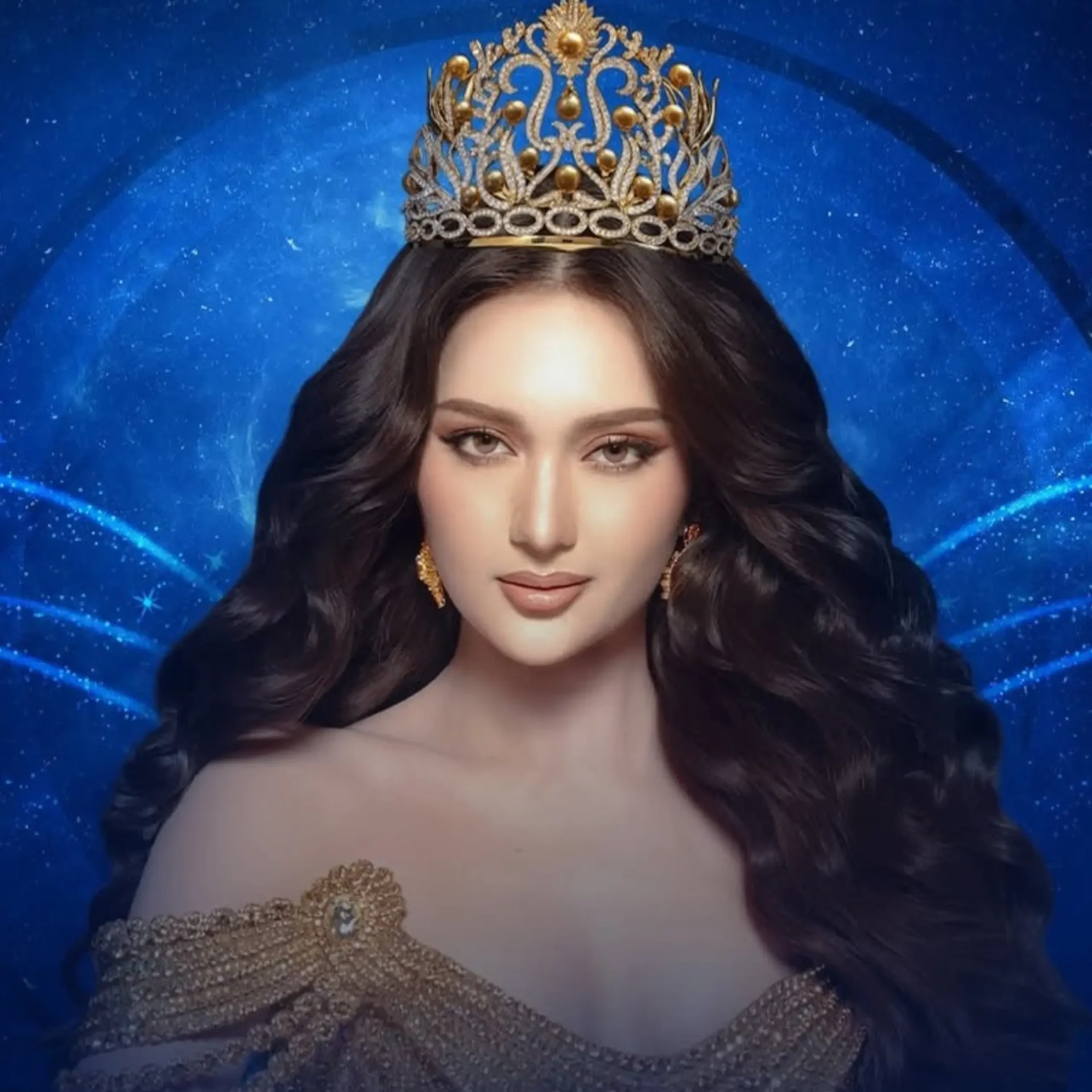 Portrait of a woman wearing a gold crown and ornate gown against a blue backdrop with star-like patterns.