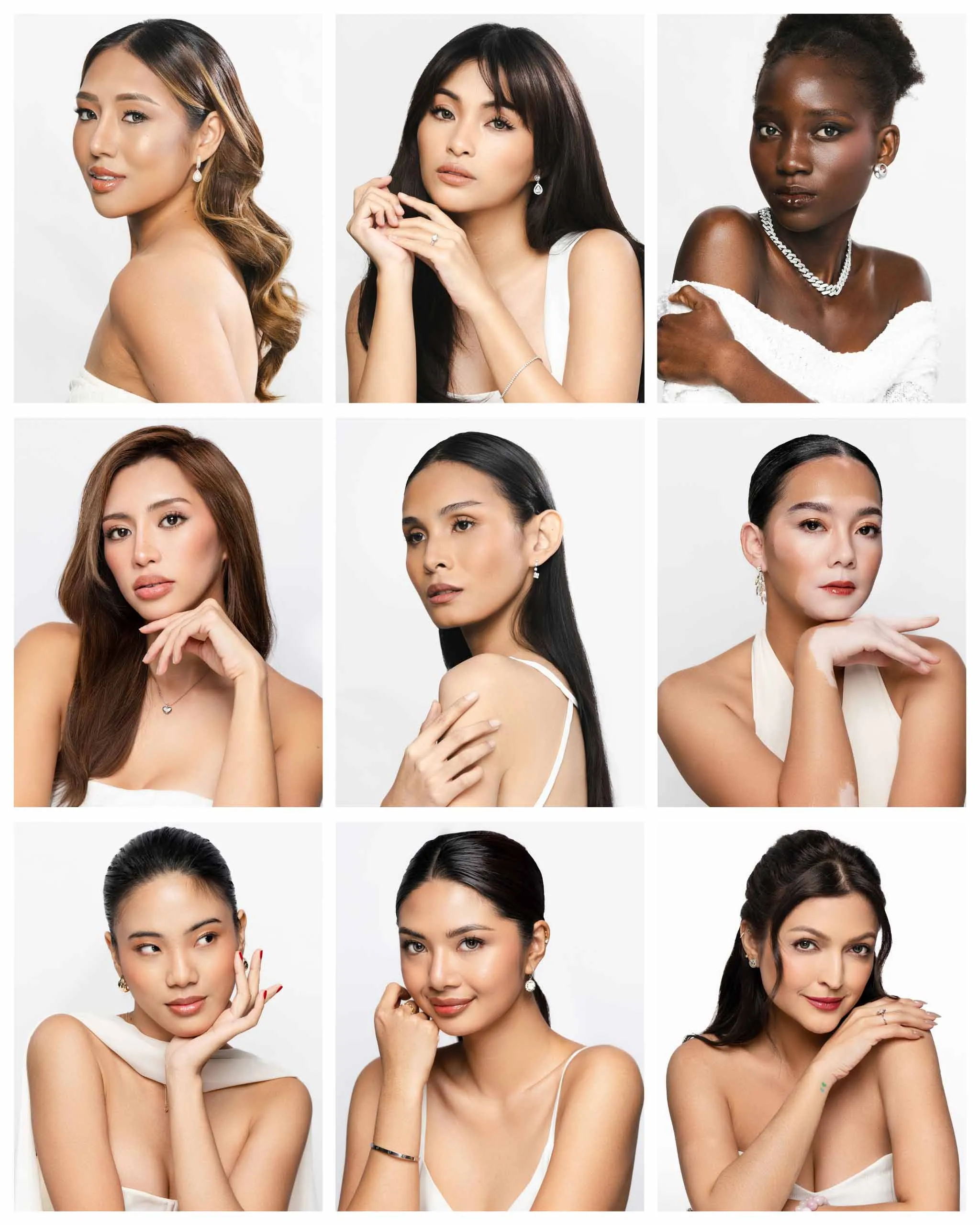Collage of nine beauty portraits: diverse women wearing jewelry against a white backdrop.