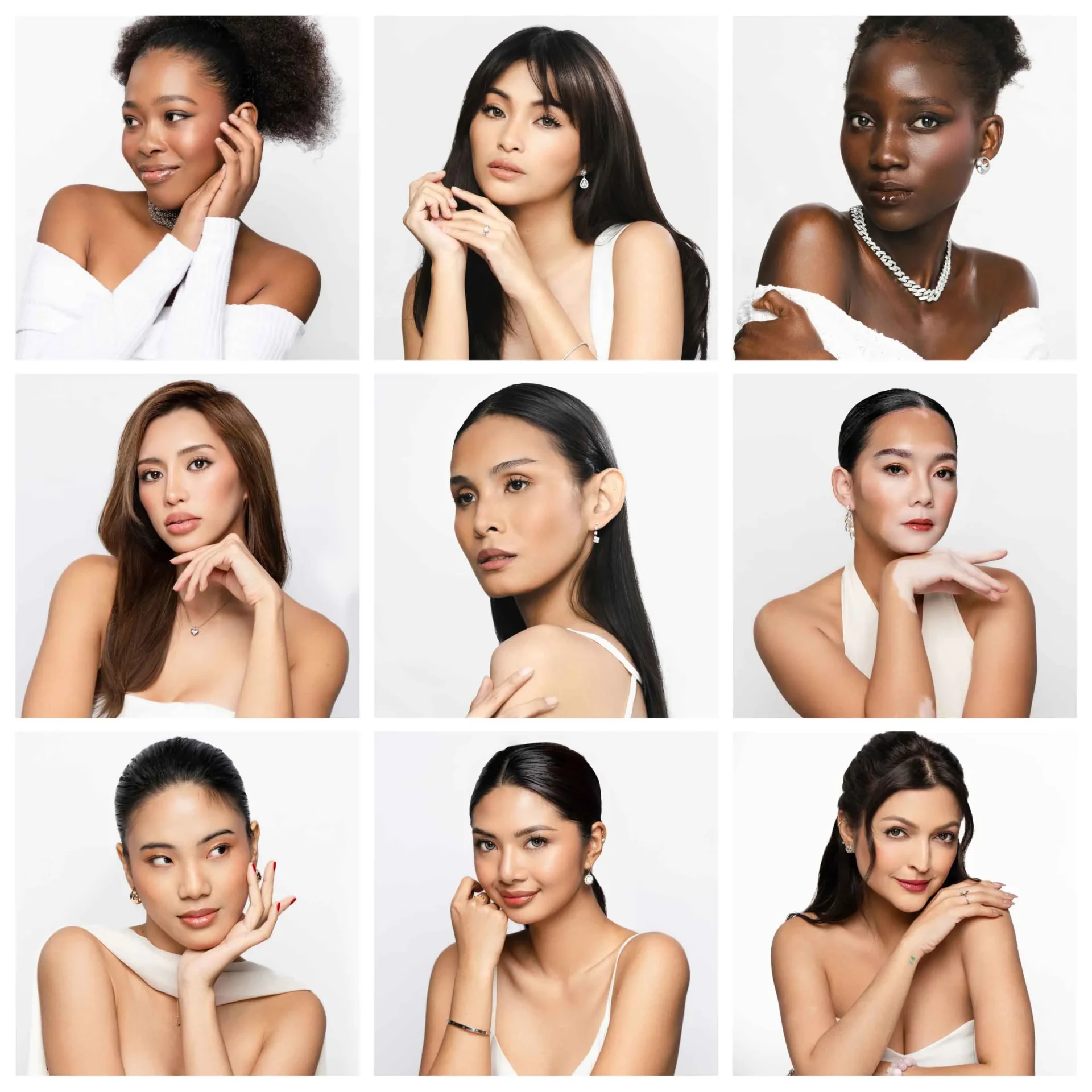 Collage of diverse women posing against a white background, showcasing headshots with jewelry and elegant outfits.