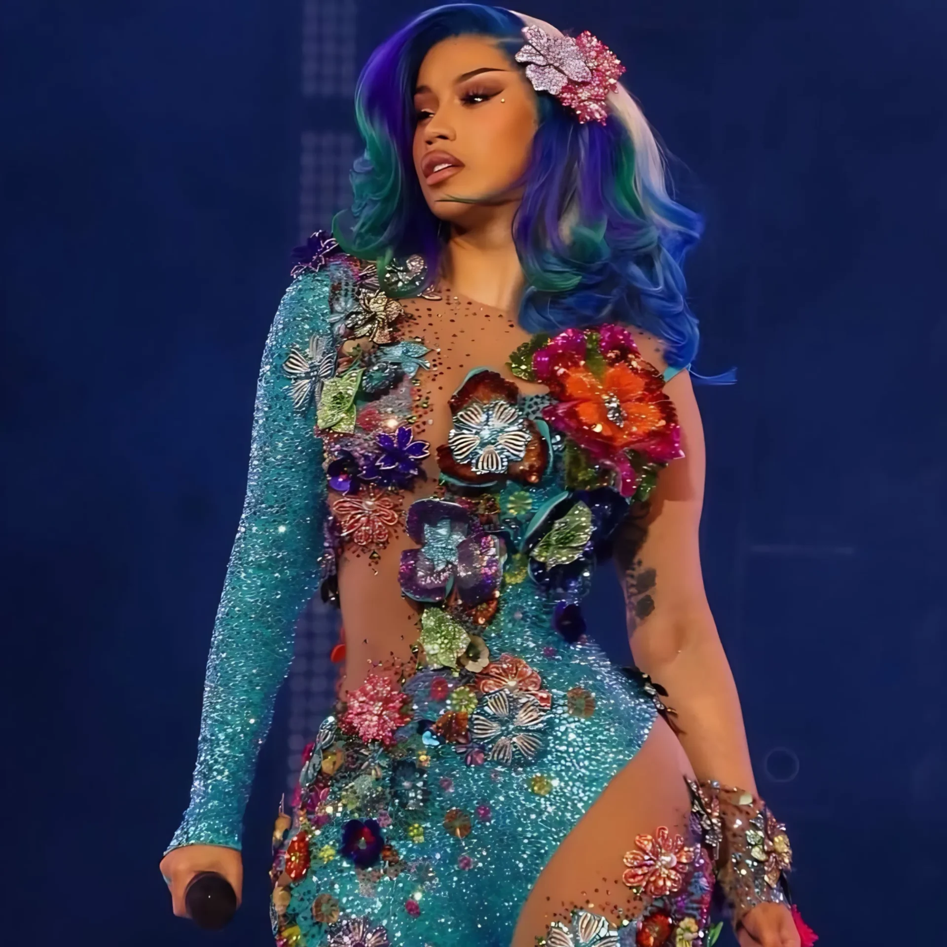 Stage performer in a turquoise, flower-covered dress with colorful embellishments, holding a microphone on the left side.