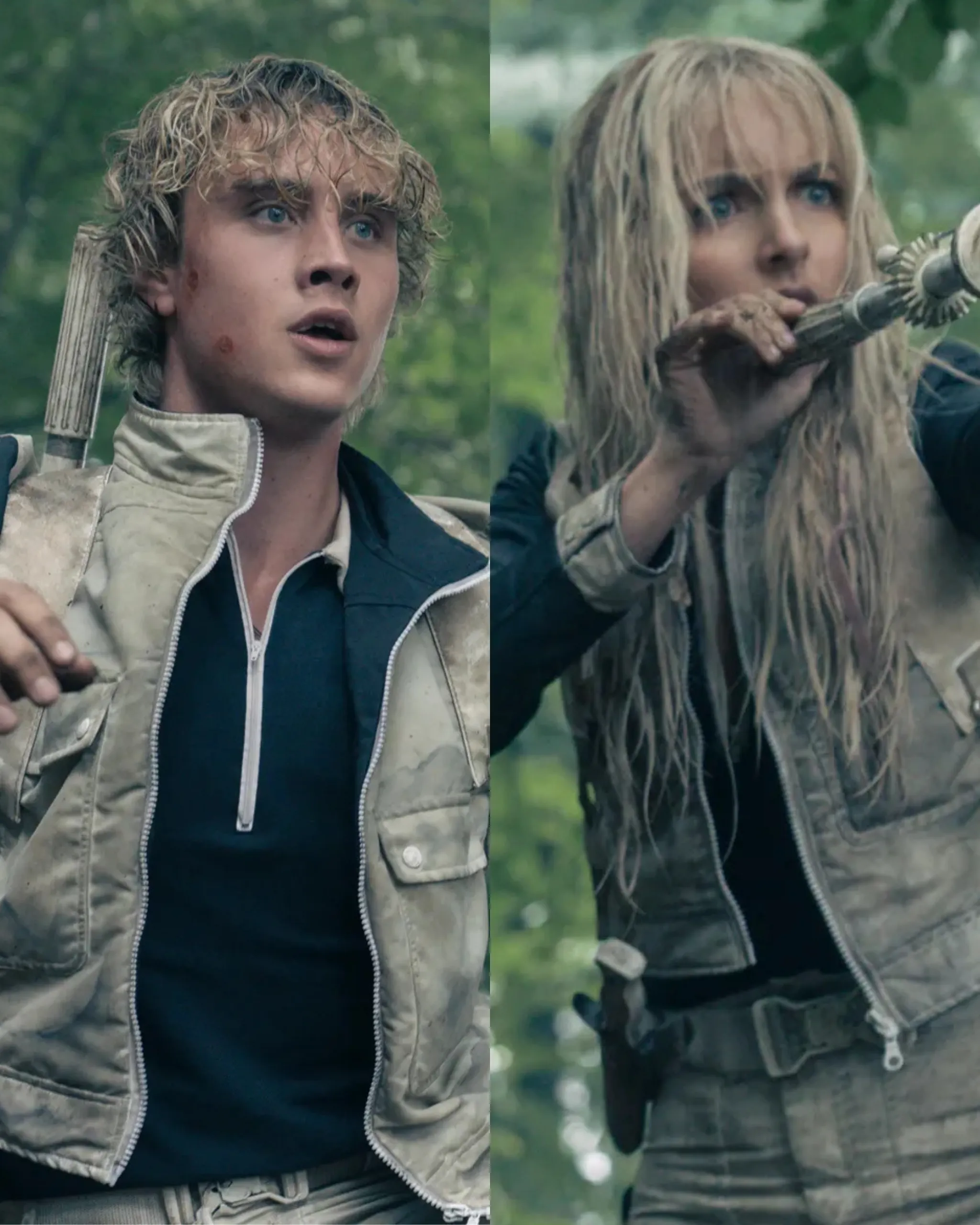 Split-screen of two young survivors in a forest: left is a blond man in a beige jacket, looking upward with a dirt smudge on his cheek; right is a blond woman gripping a wooden spear, eyes focused ahead in a dense green background.