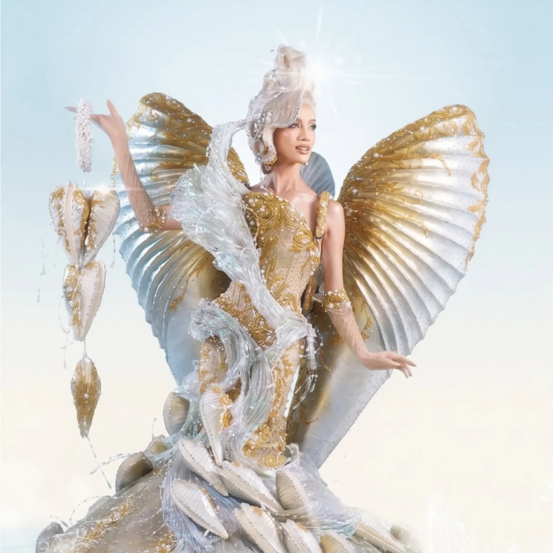 Person in a dazzling silver-and-gold costume with large, wing-like wings, mid-performance against a pale sky backdrop.