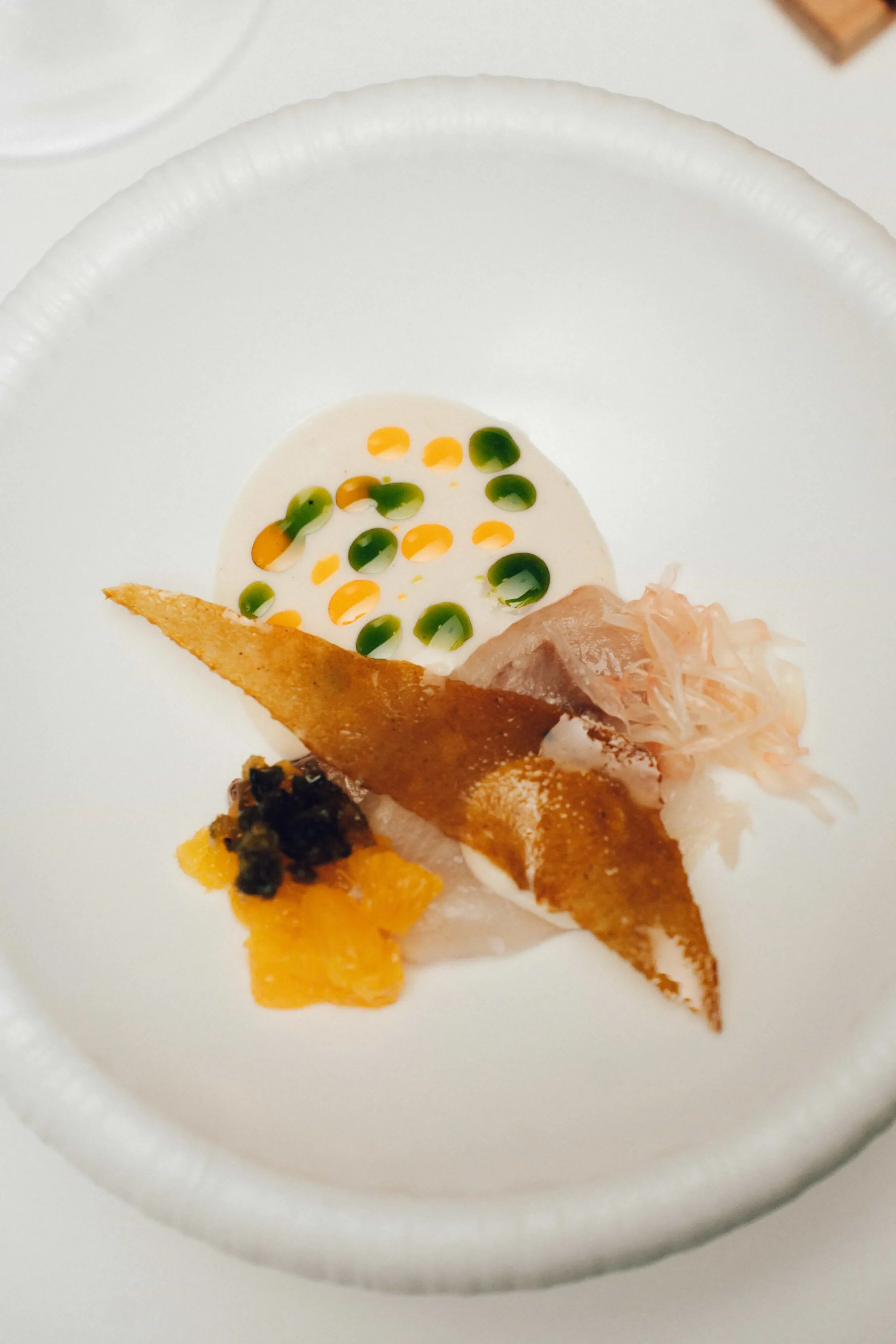Close-up of a white plate with a crispy-skinned fish fillet resting on a pale round garnish dotted with green and orange sauce drops.