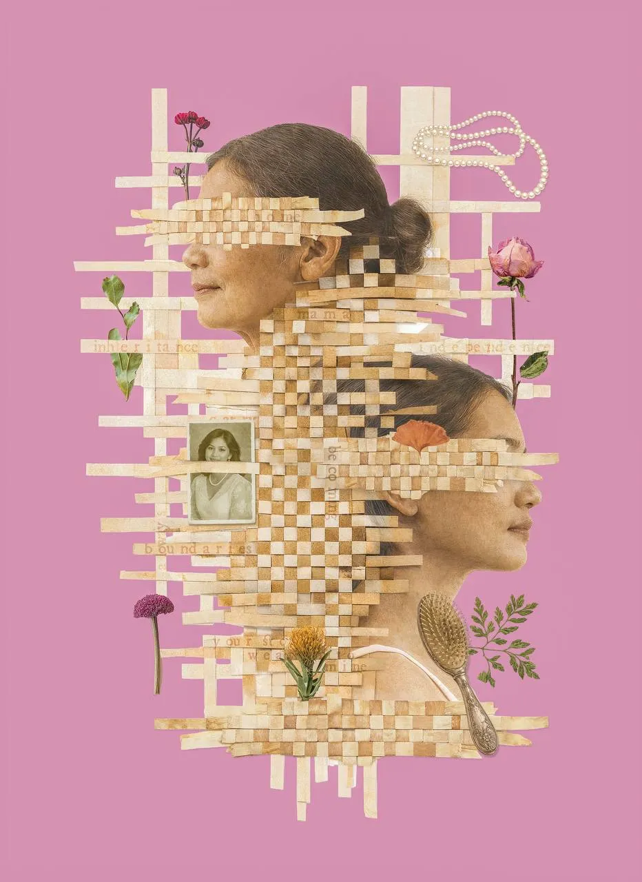Collage of two women’s profiles facing opposite directions, their faces woven from beige strips with flowers and small photos, on a pink background, conveying memory and resilience.