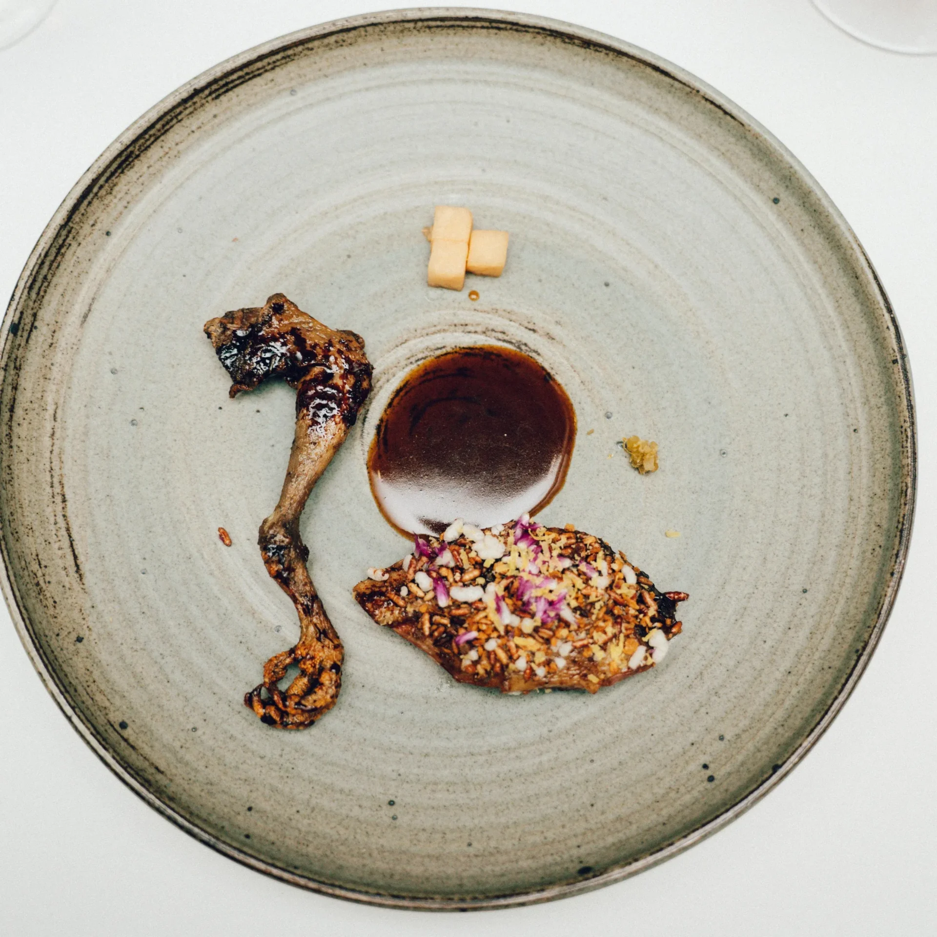 Ceramic plate with a dark sauce pool, a partially eaten meat bone, and a crusted bread slice topped with diced onions/seeds nearby.